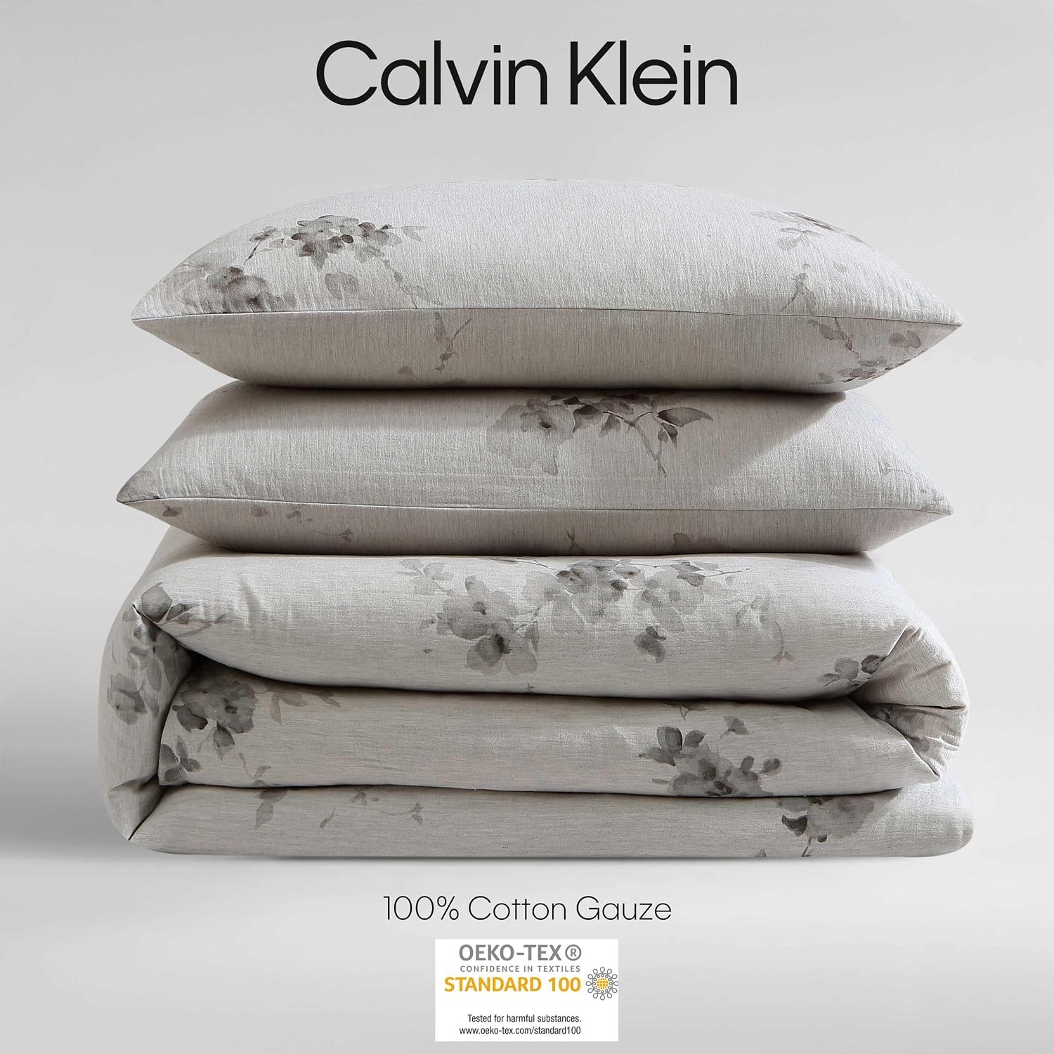 Calvin Klein - King Duvet Cover Set, Soft 100% Cotton Gauze Mélange Bedding, Tailored Knife-Edge Finish, 3 Piece Bed Set with Matching Pillowcases (Aquarelle Floral Grey)