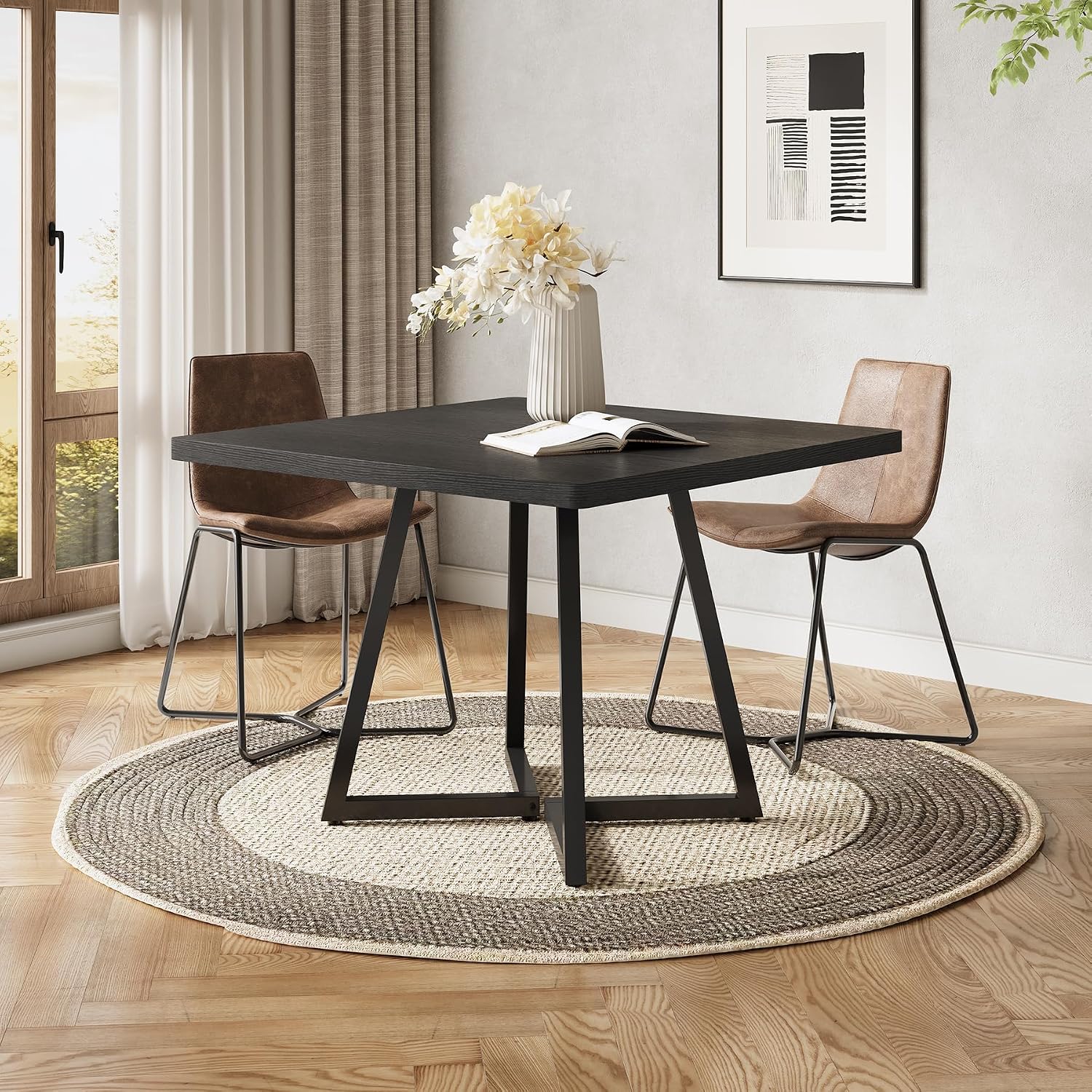 LITTLE TREE 31.5 Inches Small Dining Table for 4, Square Dinner Table for Small Space, Dining Room Tables, Black Wooden Kitchen Table with Metal Legs, Modern Leisure Cafe Table for Apartment