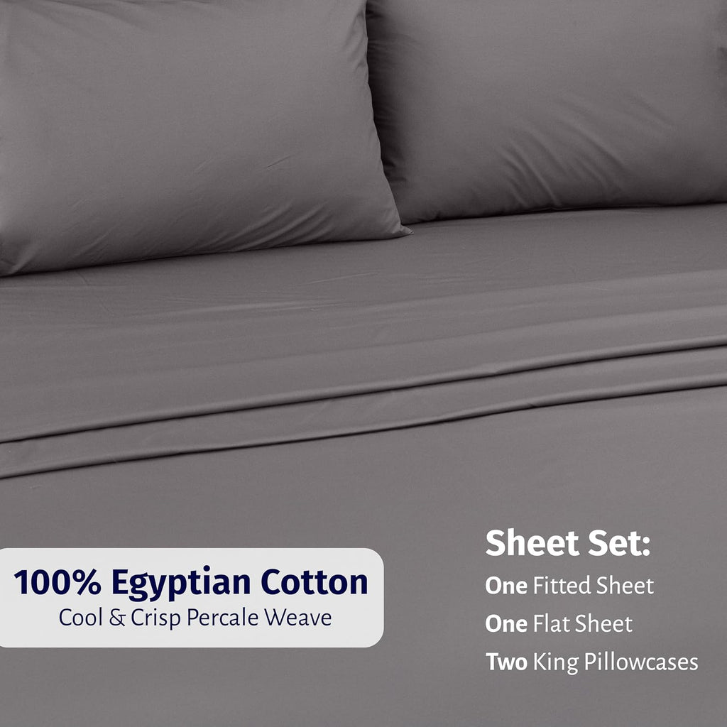 California Design Den King Size Sheets Set Cotton - Certified 100% Egyptian Cotton King Size Percale Sheets Set with Deep Pockets, Lightweight, Crisp, Durable Luxury Bedding - Grey