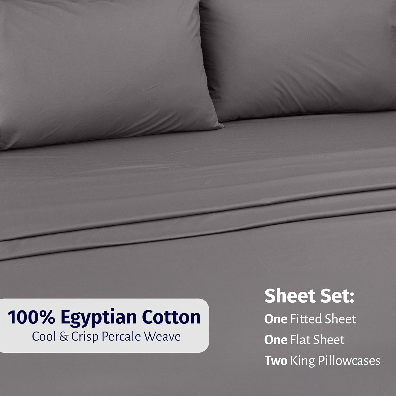 California Design Den King Size Sheets Set Cotton - Certified 100% Egyptian Cotton King Size Percale Sheets Set with Deep Pockets, Lightweight, Crisp, Durable Luxury Bedding - Grey