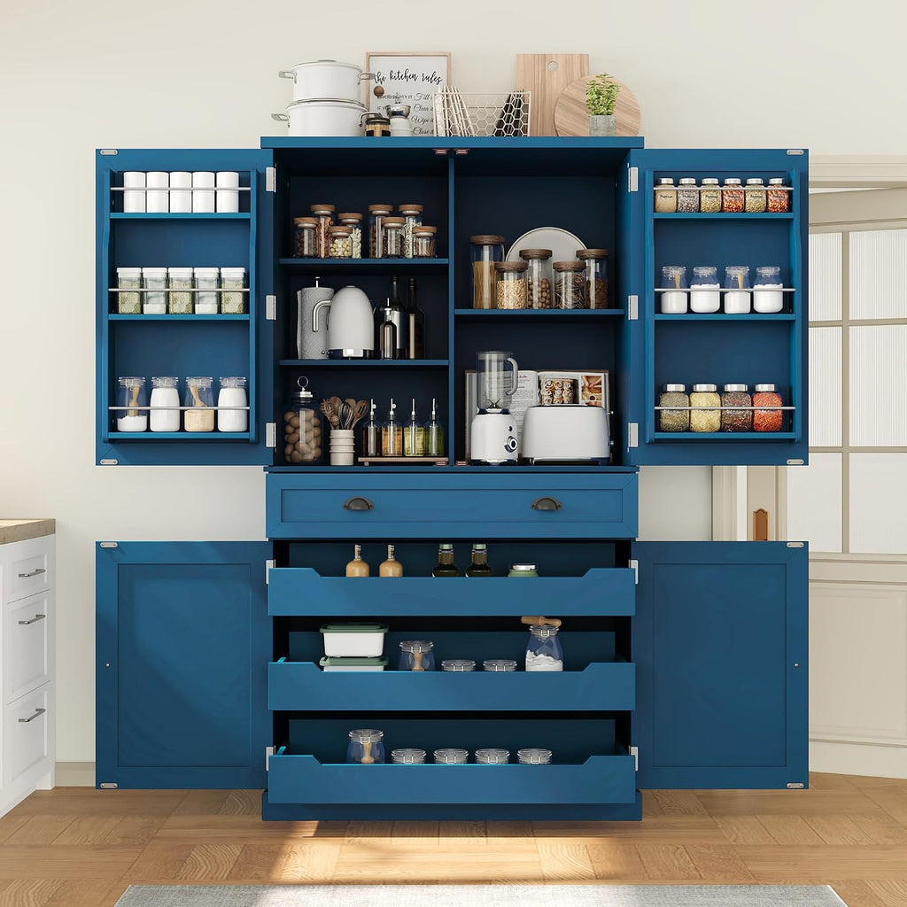 Freestanding 4 Doors Kitchen Pantry, Wood Kitchen Cupboard Storage Cabinet with 6 Door Shelves, Drawer and 3 Pull-Out Trays for Dining Room (Blue-4.14)