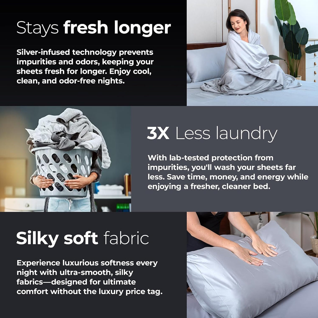 Silvery Silver Infused Bed Sheets Set - Award-Winning Self-Cooling Fabric with Self-Cleaning Silvery Technology™ That Stays Fresh 3X Longer for Hygienic Sleep (Gray, Twin XL)