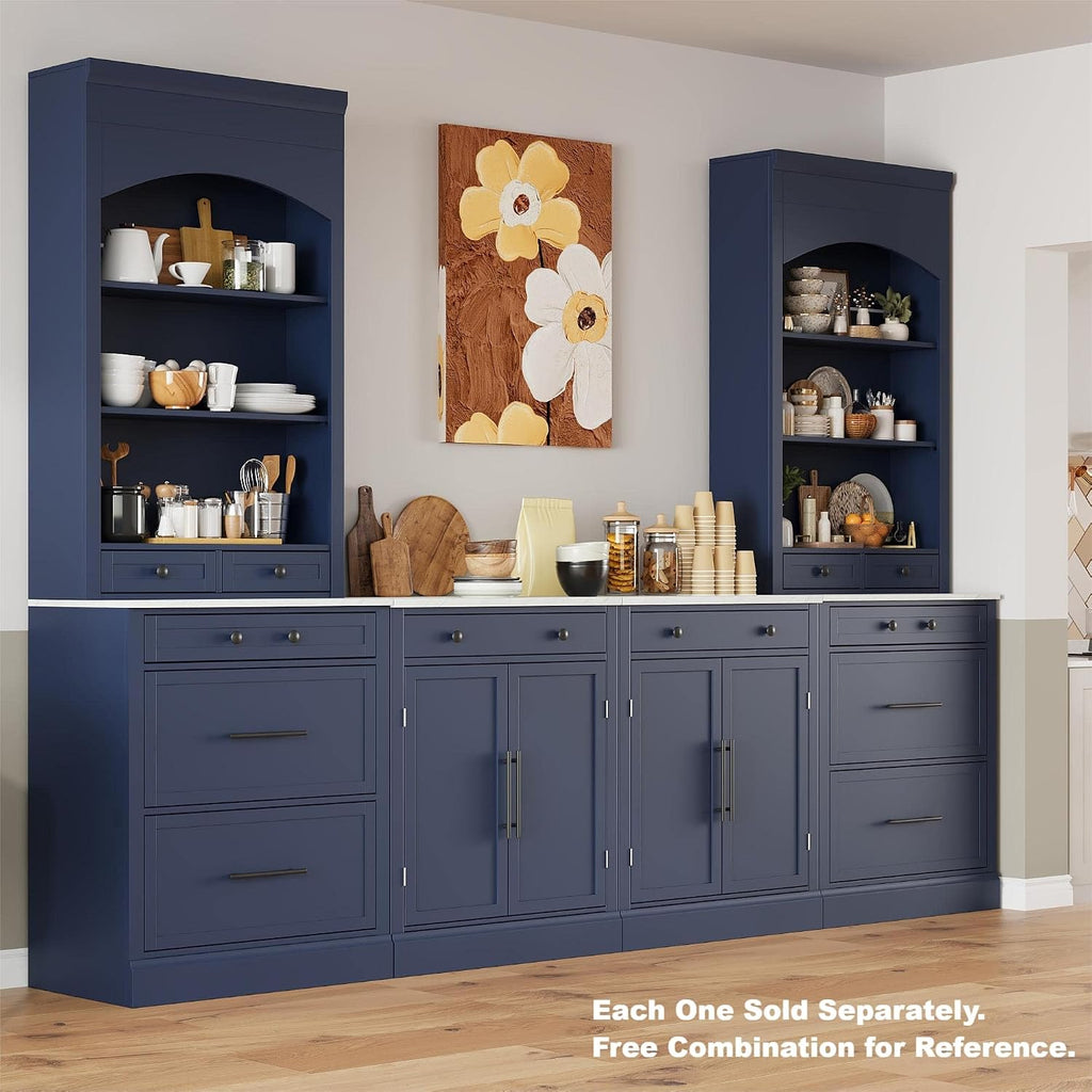 Modern 83.7inch High Kitchen Pantry, Freestanding Tall Kitchen Hutch with Faux Marble Top, Cupboard Cabinet with 5 Storage Drawers and Adjustable Shelf, Wood Storage Cabinet, Set of 2