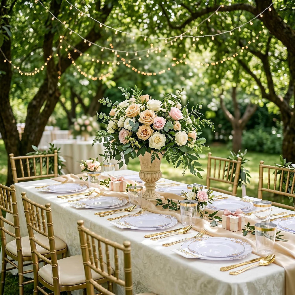 YOUBET 700PCS Gold Plastic Dinnerware Set - White and Gold Disposable Plates for 100 Guest - 200 Disposable Plates, 300 Heavy Duty Plastic Silverware, 100 Cups,100 Napkins for Wedding