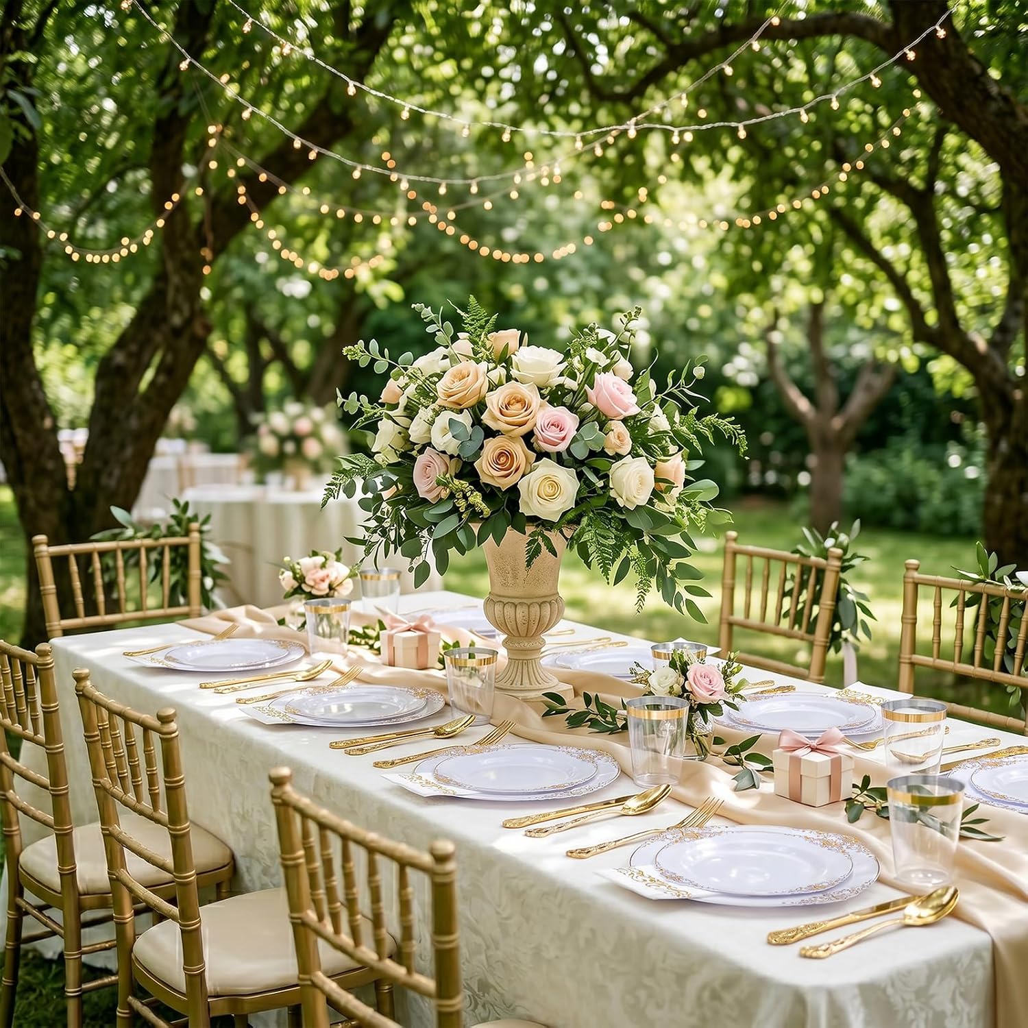 YOUBET 700PCS Gold Plastic Dinnerware Set - White and Gold Disposable Plates for 100 Guest - 200 Disposable Plates, 300 Heavy Duty Plastic Silverware, 100 Cups,100 Napkins for Wedding