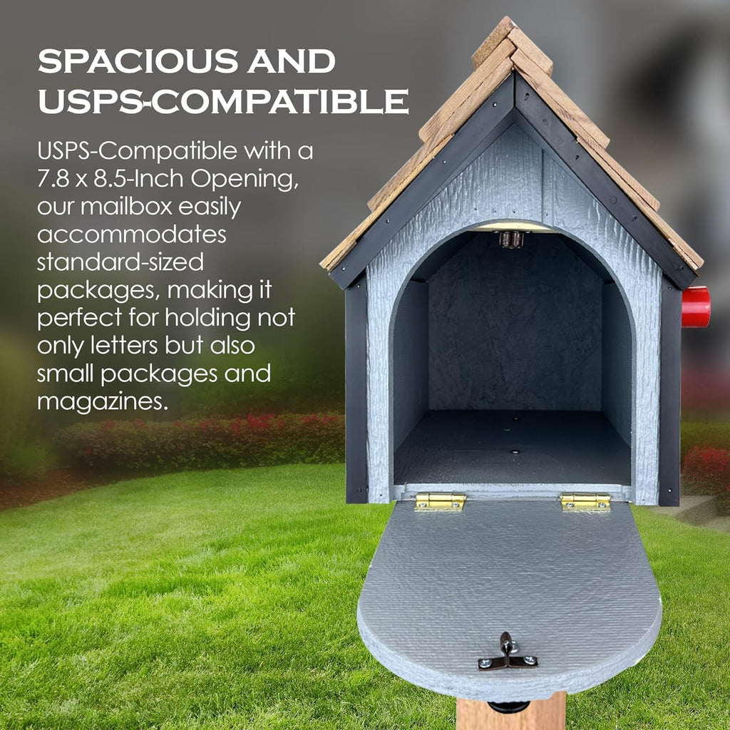 Peaceful Classics Amish Cedar Roof Wooden Mailbox with Window & Door Trim, Handcrafted Mailboxes for Outside, Post Mount Residential Mailboxes - (Beige & Green, Wood)