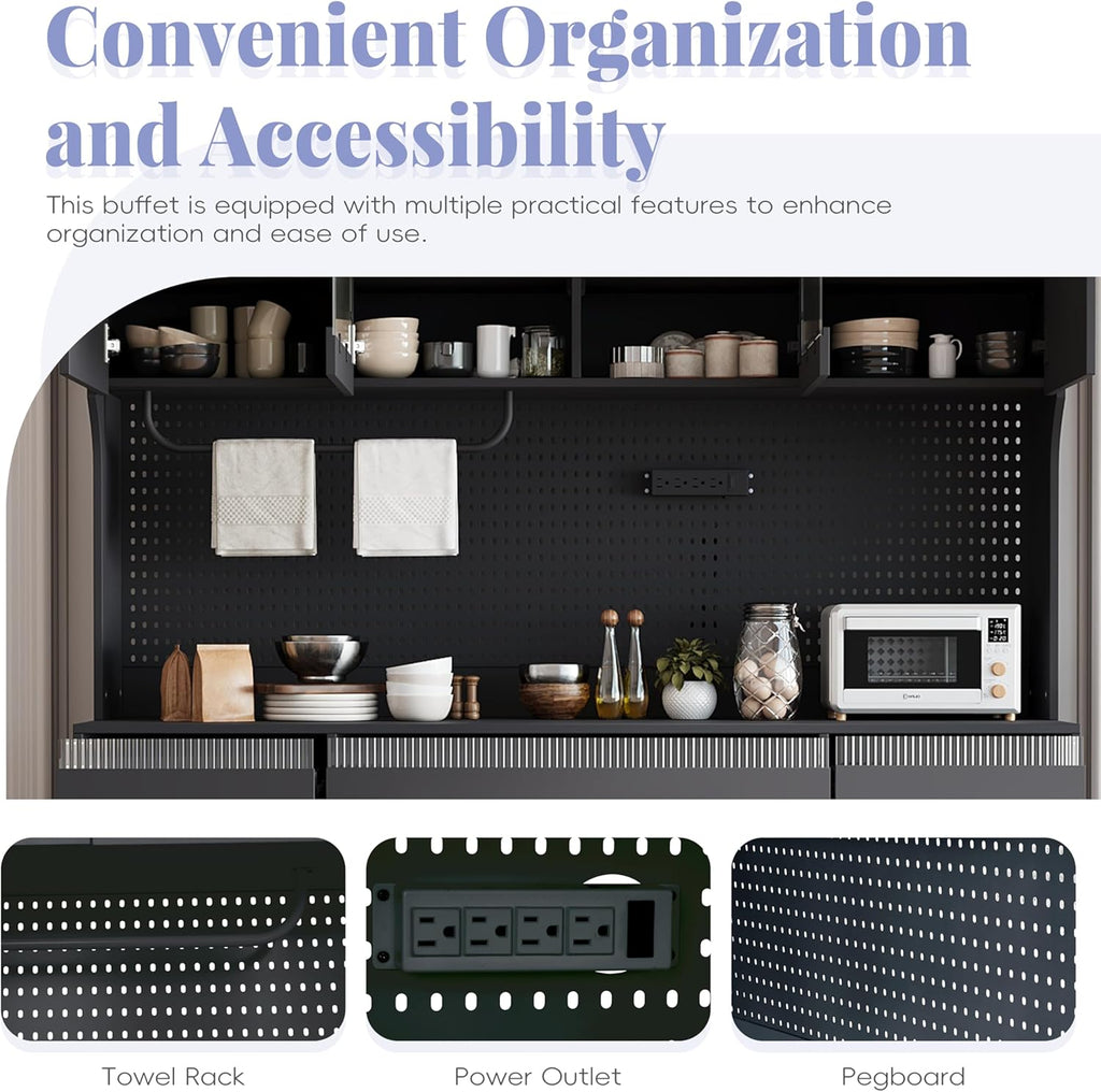 63'' W Buffet Cabinet with Hutch, Large Coffee Bar Storage Cabinet with 6 Drawers, Kitchen Pantry Sideboard with 5 Cabinets and Adjustable Shelves, Pegboard, Towel Rack, Power Outlet (Black-Q12)