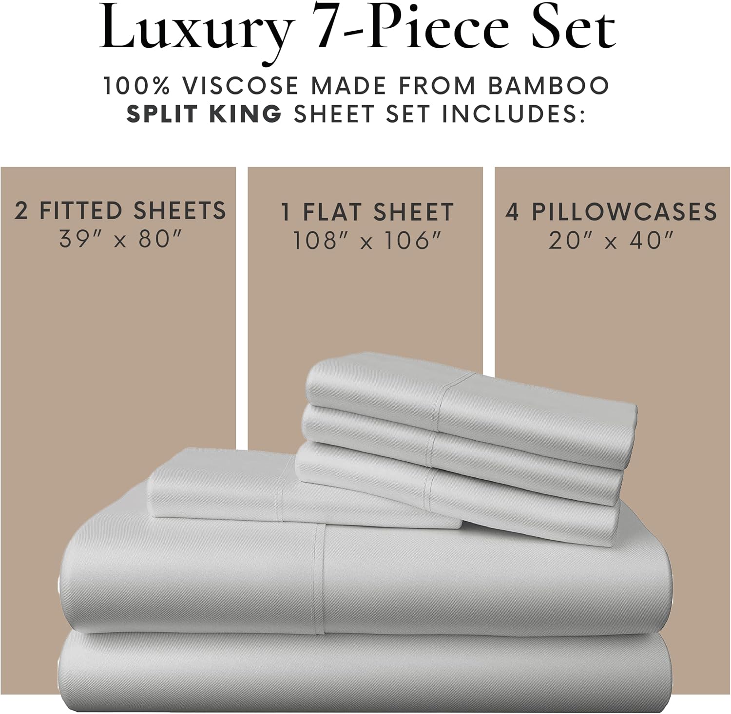 Bamboo Bay 7 Piece Split King Size Sheet Set, 100% Viscose Made from Bamboo, Breathable, Ultra Soft Cooling Bed Sheets for Adjustable Beds, Beddings with Deep Pockets Fit 16' Mattress, Light Grey