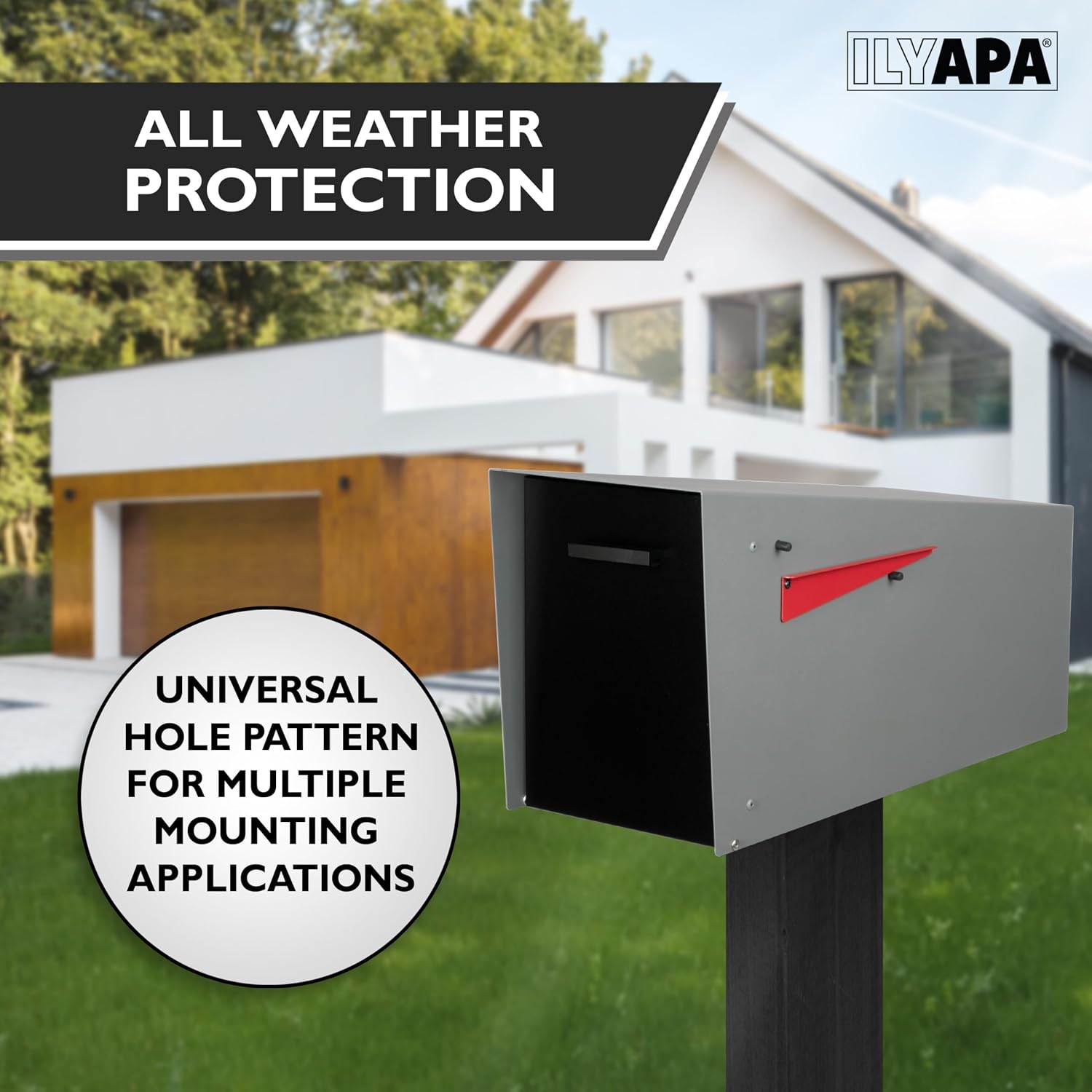 Ilyapa Modern Mailbox with Angle Design Post Mount - Gray Powder Coated Metal Mailbox with Black Door - Waterproof for Parcels, with Magnetic Door