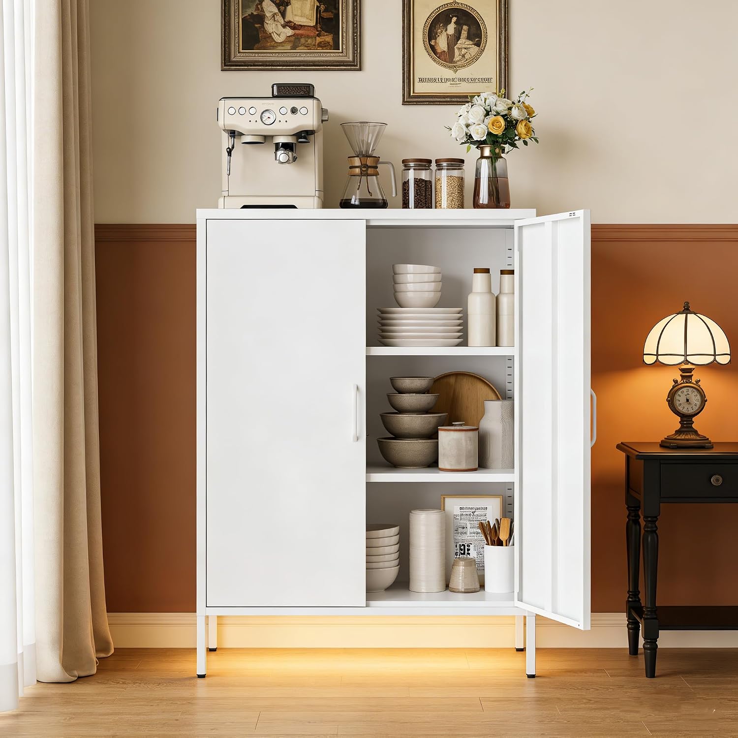 Metal Locker Cabinet, White Accent Storage Cabinets with 2 Doors And Adjustable Shelves, 3 Tier Modern Storage Freestanding Sideboard for Living Room,School,Office Home Kitchen (White, 2Doors-40'H)