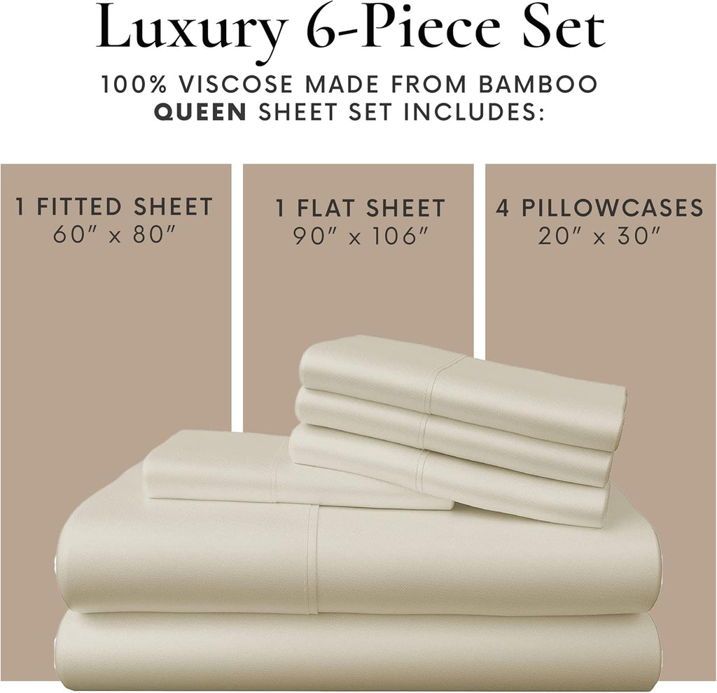 Bamboo Bay 6 Piece Queen Size Sheet Set, 100% Viscose Made from Bamboo, Breathable Ultra Soft Cooling Bed Sheets for Hot Sleepers, Beddings with Deep Pockets Fit 16' Mattress, Ivory