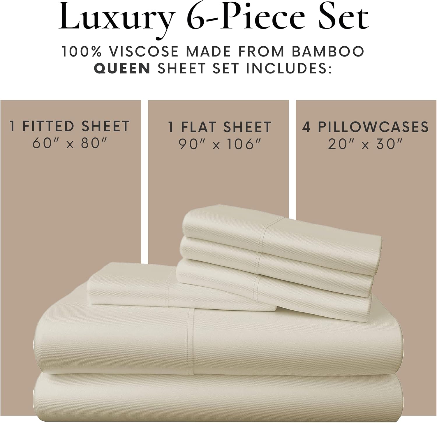 Bamboo Bay 6 Piece Queen Size Sheet Set, 100% Viscose Made from Bamboo, Breathable Ultra Soft Cooling Bed Sheets for Hot Sleepers, Beddings with Deep Pockets Fit 16' Mattress, Ivory