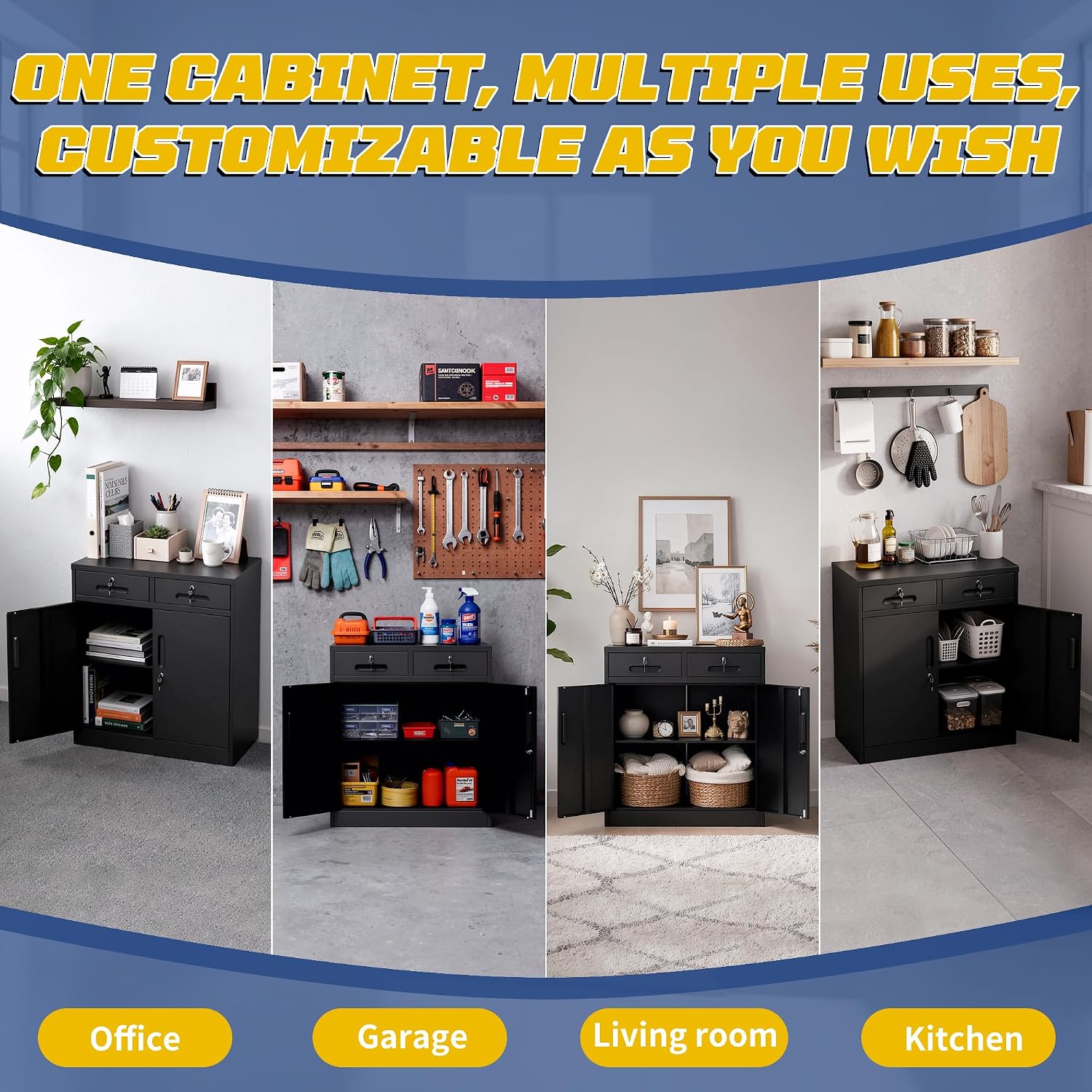 Metal Storage Cabinet with Drawer and Adjustable Shelve, 35' Steel Garage Storage Cabinets with lock, Locking Tool Cabinet Utility Cabinets for Garage,Bathroom,Kitchen,Home Office,School,Shop