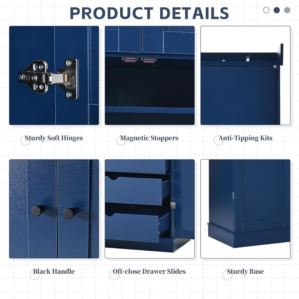 77'' Tall Freestanding Kitchen Pantry, 35''Lx17.7''W Wooden Kitchen Organizers Cupboard Storage Cabinet with Adjustable Shelves, Door Shelves, Drawers and Wine Racks (Blue-2.12)