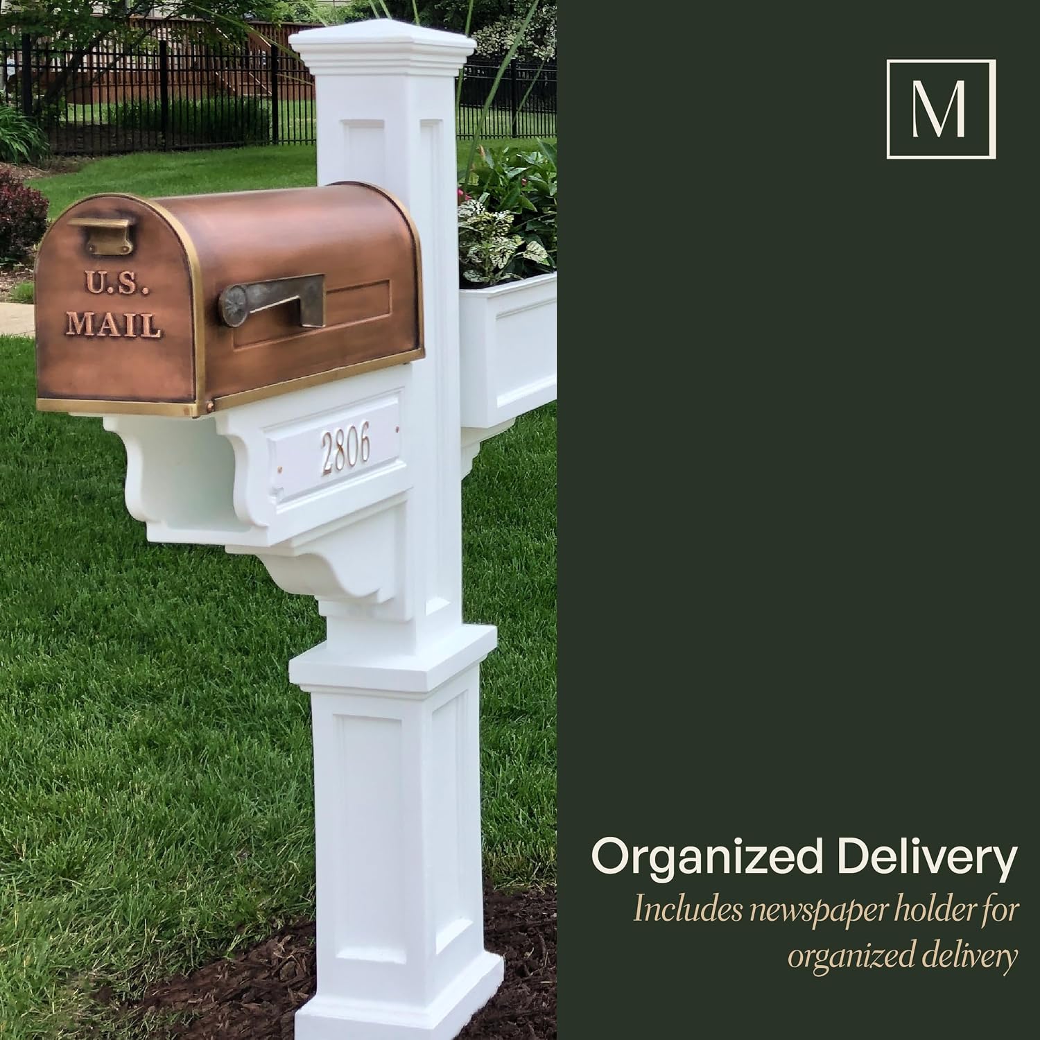 Mayne Signature Plus Mailbox Post with Newspaper Slot and Planter – Weather-Resistant, Durable Classic Design – Easy-to-Install Outdoor Mailbox Post