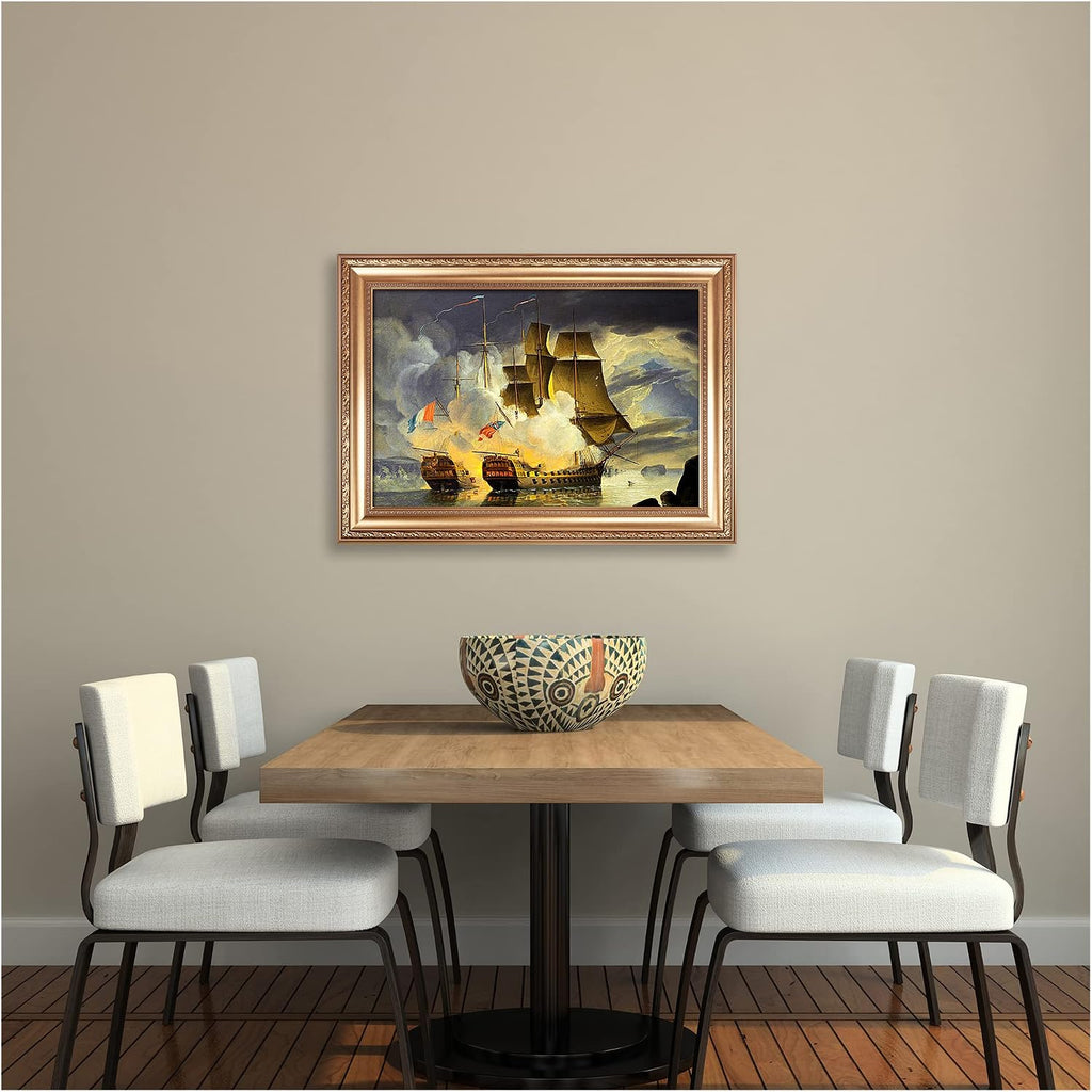 Battle of the Raz de Sein by John Christian Schetky Sailboat Warship Painting Reproductions Framed Size:36x26 inches,Image Size:30x20 inches World Classic Reproductions For HomeDecor,Gold Frame