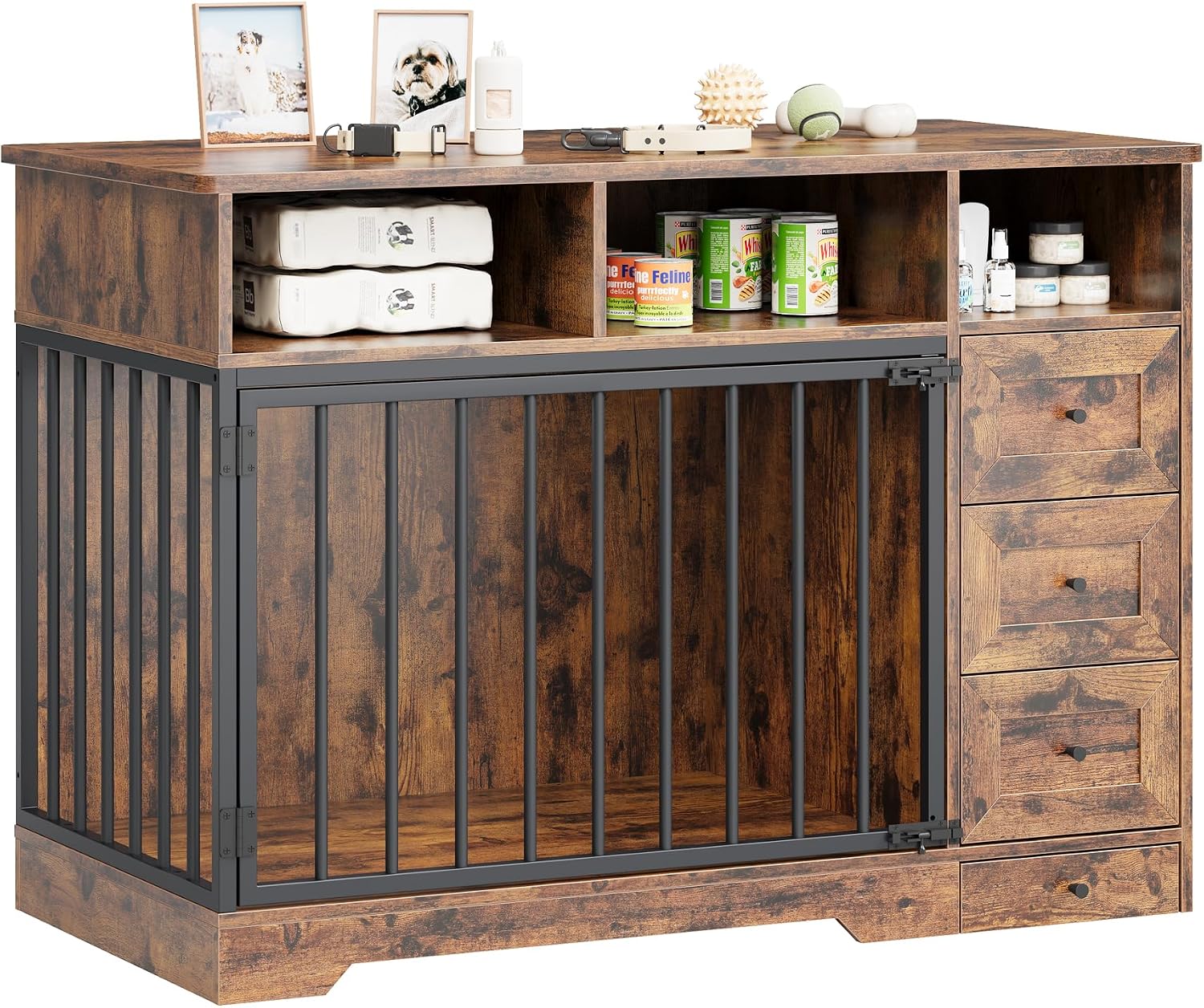 GarveeLife 48'' Dog Crate Furniture, Farmhouse Heavy Duty Dog Kennel with Bowl & Storage Drawers, Medium Dog Cage End Table for Small Medium Dogs, Retro Brown