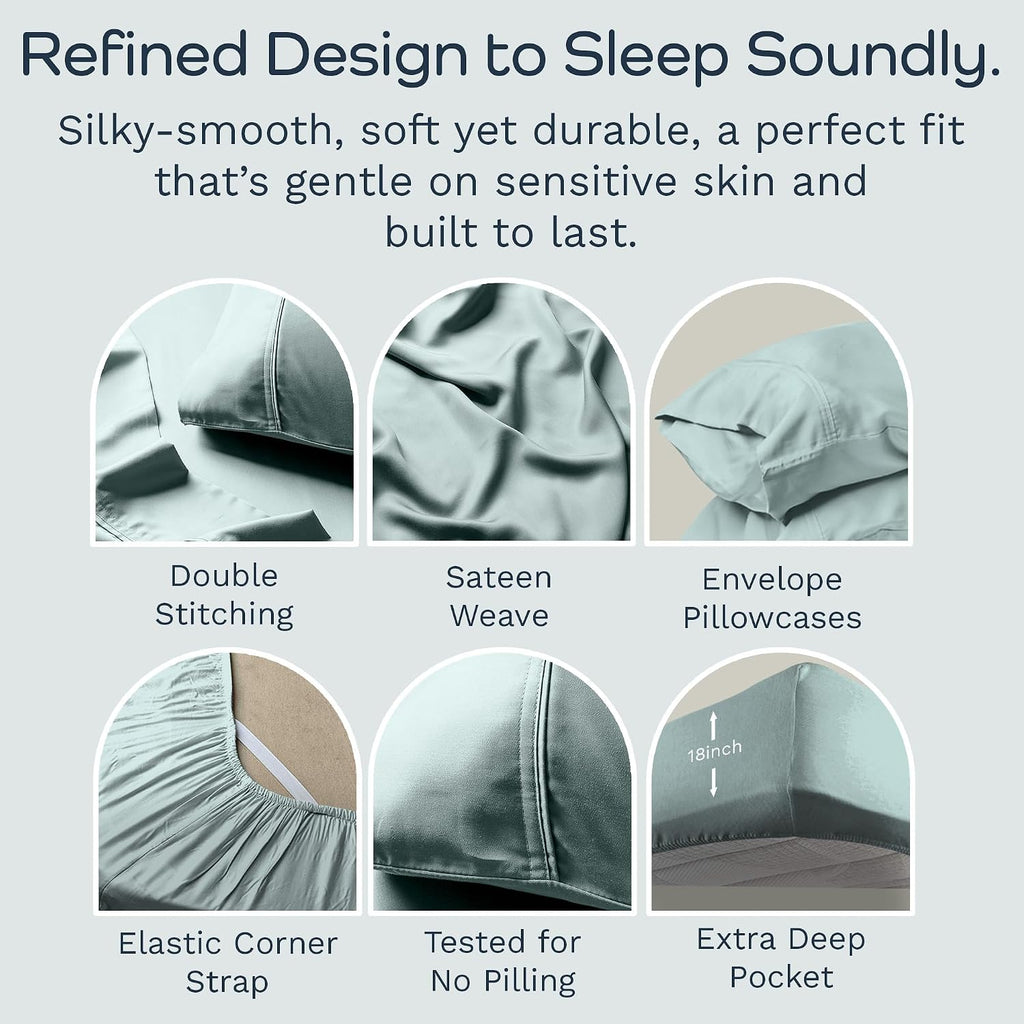 Olive + Crate Tencel Lyocell Eucalyptus Queen Size Sheet Set - Cooling Tencel Sheets for Hot Sleepers with 18 Inch Deep Pocket Fit - Eucalyptus 4-Piece Set