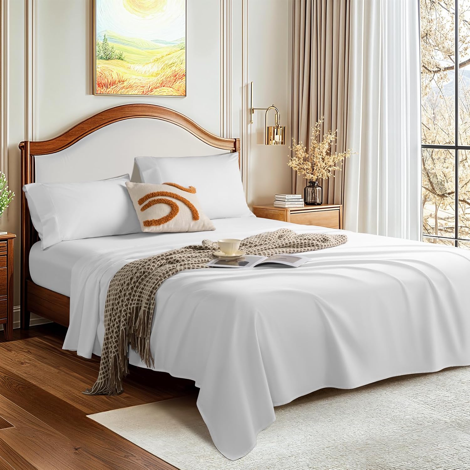 LBRO2M 1500 Thread Count Sheets 100% Egyptian Cotton Sheets Set 16 Inches Deep Pocket Queen Size Bedding 4 Pcs Sets (Queen, White)