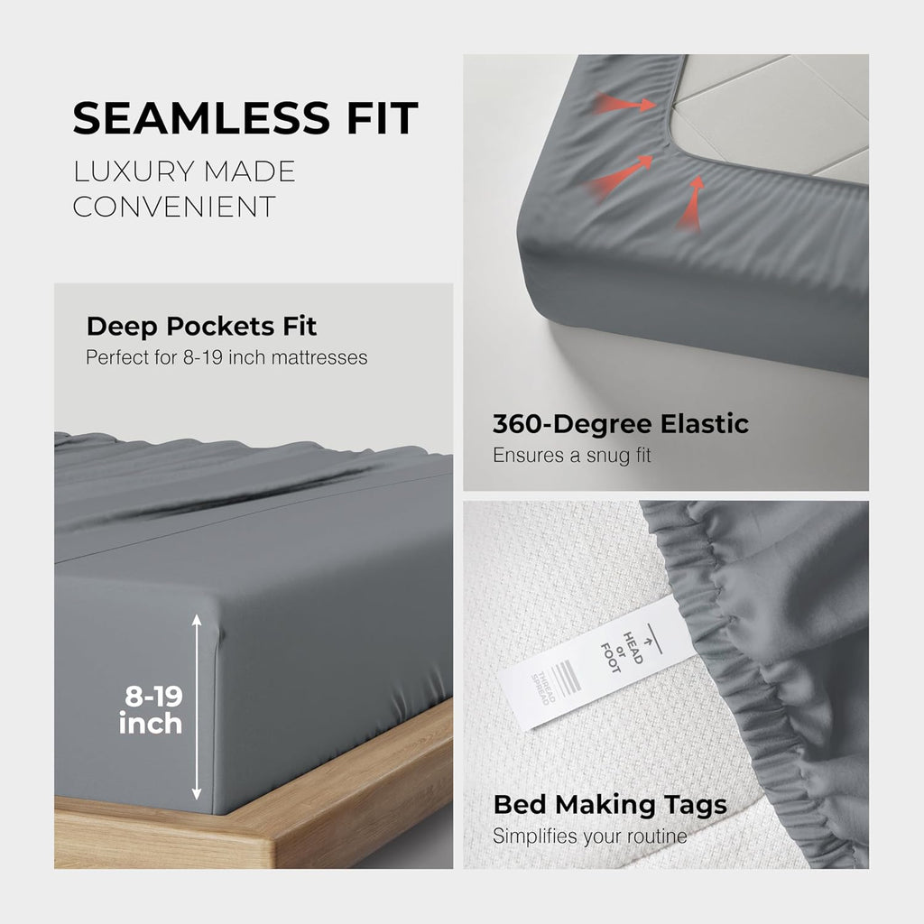 THREAD SPREAD 100% Egyptian Cotton Queen Sheets Set - 1200 Series Plush Collection Luxury Egyptian Cotton Sheets Queen Size Deep Pocket (4 PC, Dark Grey), Soft, Cooling, Sateen Weave Sheet Set