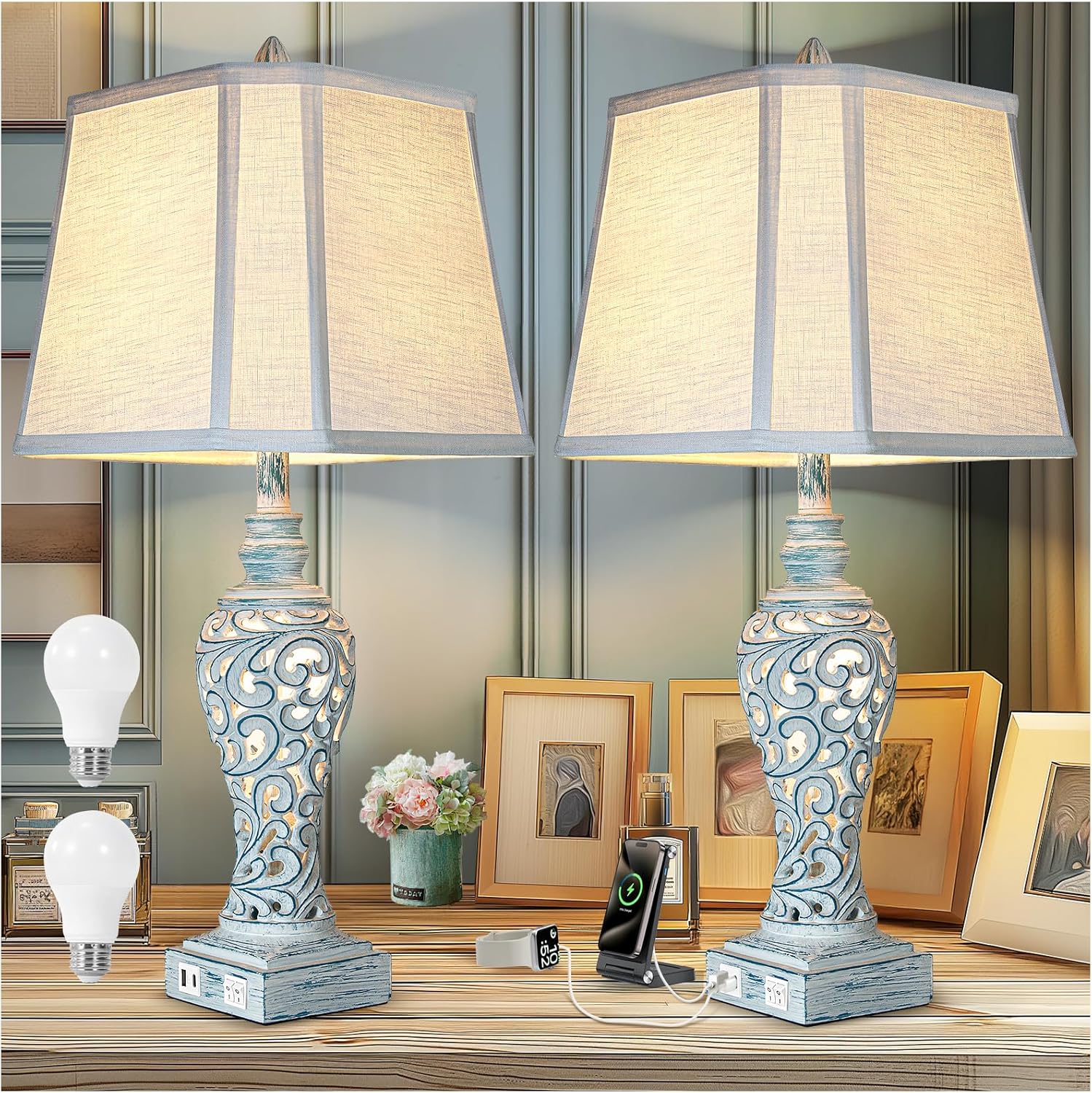 Table Lamp Bedside Lamps Set of 2, 28.5'' Luxsight Farmhouse Table Lamps for Bedroom, Lamps for Nightstands with Night Lights, with USB C+A Ports, Rustic Lamp for Living Room, Bulb Included