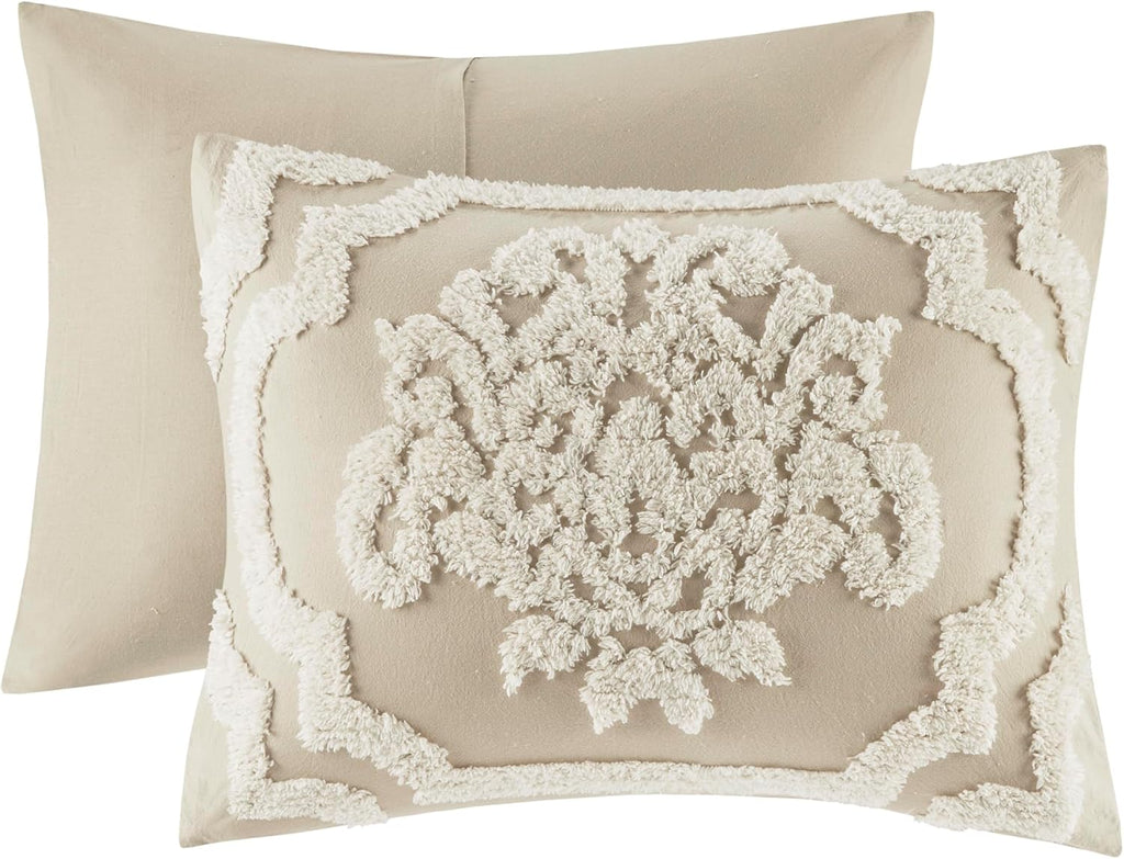Madison Park Tufted Chenille 100% Cotton Duvet Modern Luxe All Season Comforter Cover Bed Set with Matching Shams, King/Cal King(104'x92'), Damask Taupe 3 Piece