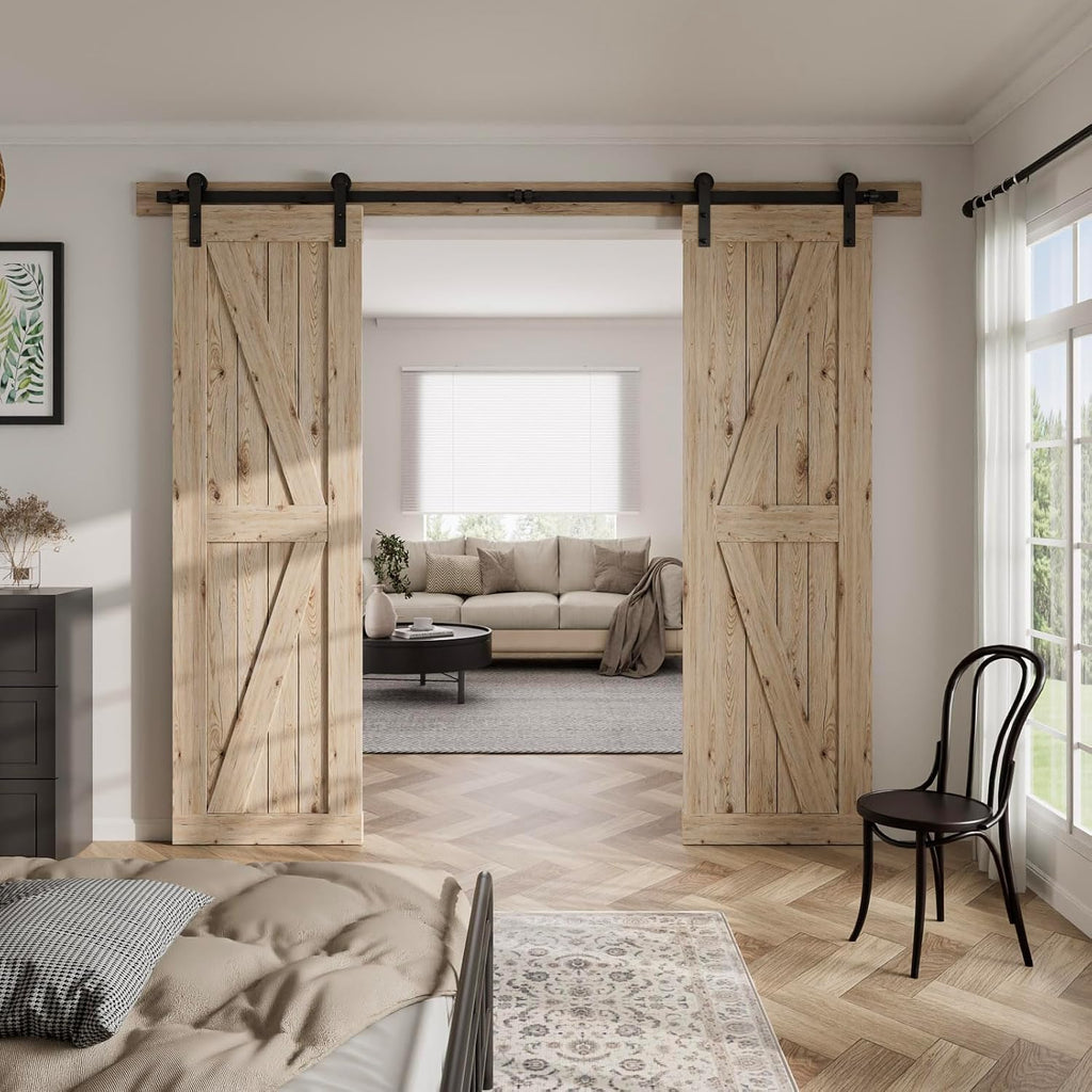 CCJH 4FT Sliding Barn Door Hardware Kit, Heavy Duty, Smoothly and Silently, Easy to Install, Fit 12' Width Double Door Panel, I Shaped Hangers Black