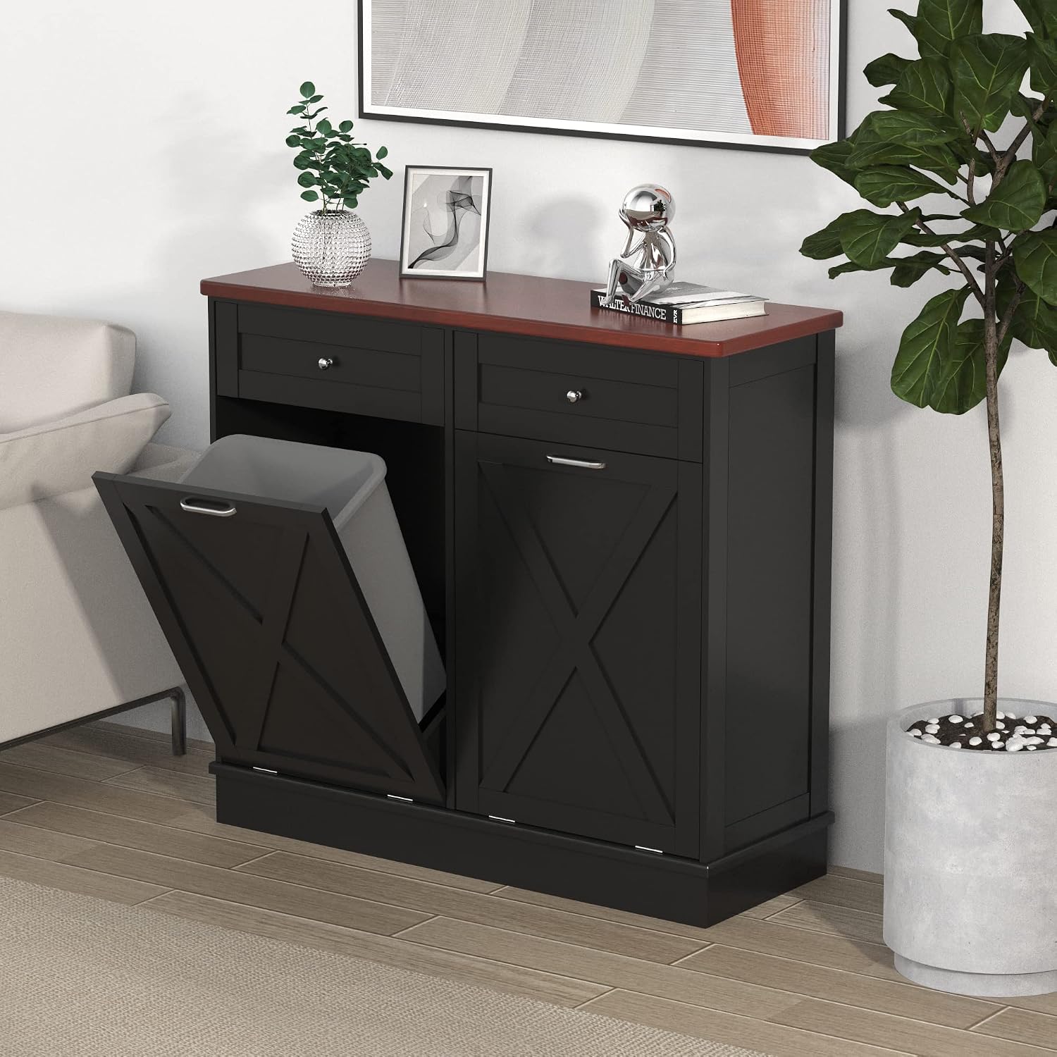 TOLEAD Double Tilt Out Trash Cabinet Free Standing 10 Gallon Recycling Trash Can Cabinet with Barn Door for Farmhouse Kitchen,Living Room, Dining Room, Black