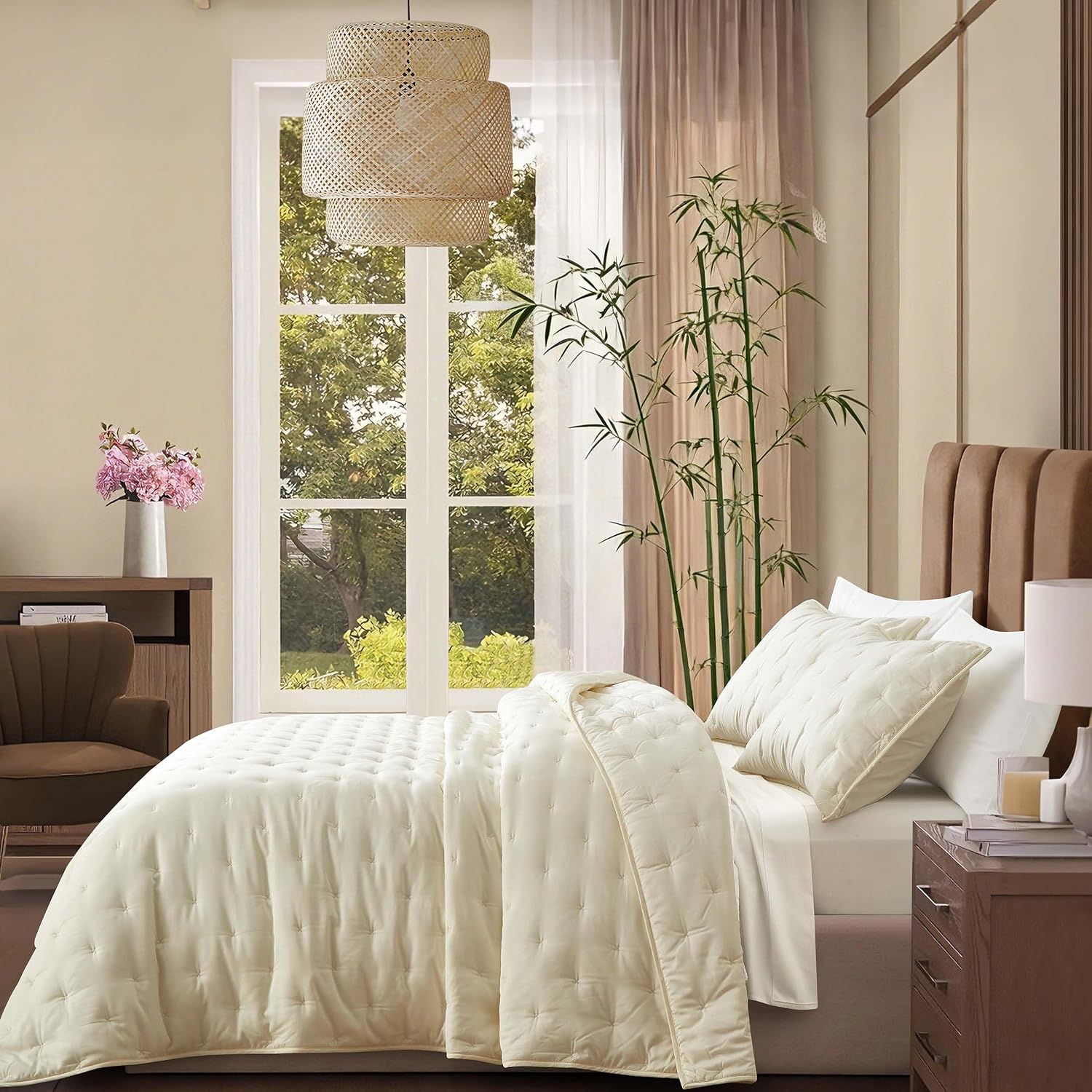 King/Cal King Quilt Set, 100% Viscose Derived from Bamboo, 3-Piece Dreamer Cross Stitch Cooling Rayon Bedding with 4 Corner Loops, Ivory White