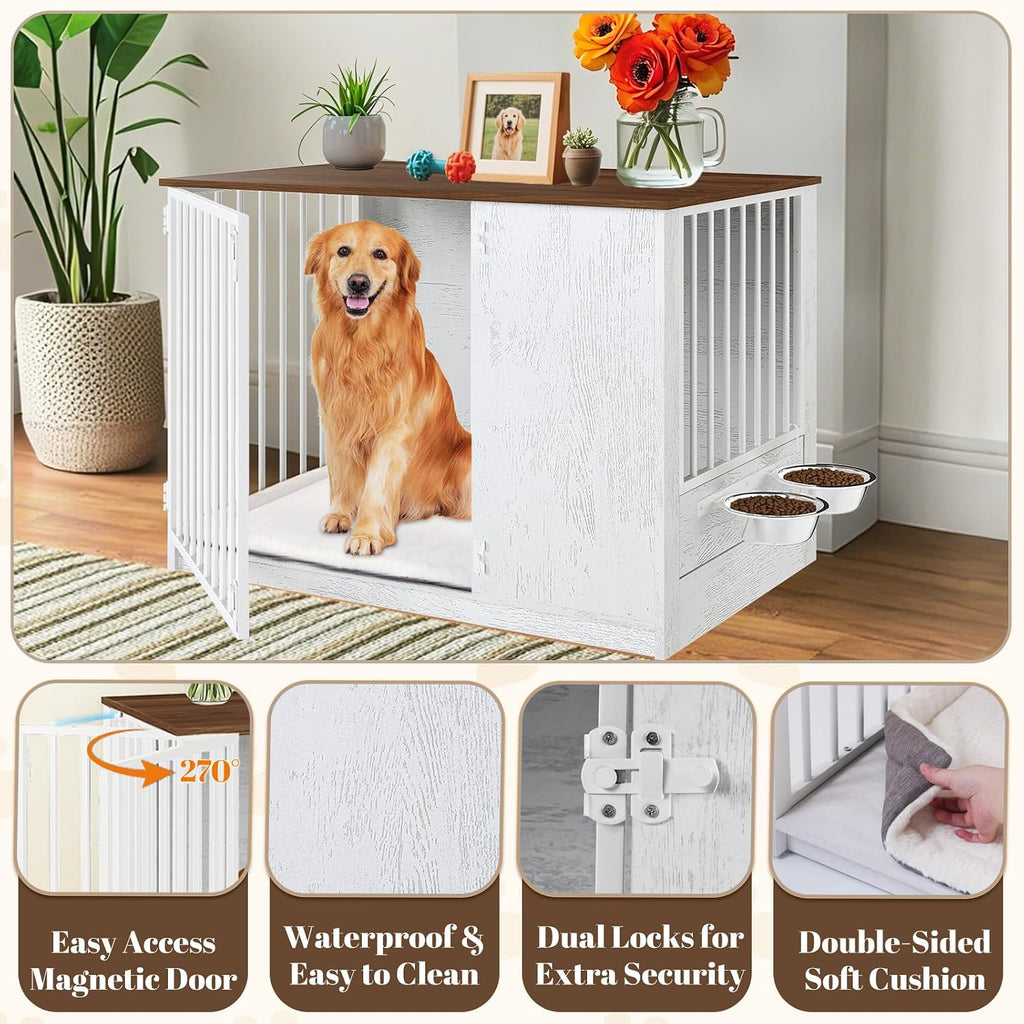 TBWIND Dog Crate Furniture for Large Dogs, 36' Indoor Wooden Dog Kennel with 270° Swivel Door & 360° Rotating Feeder, Decorative Heavy Duty Dog House with Double Locks & Bowls, White