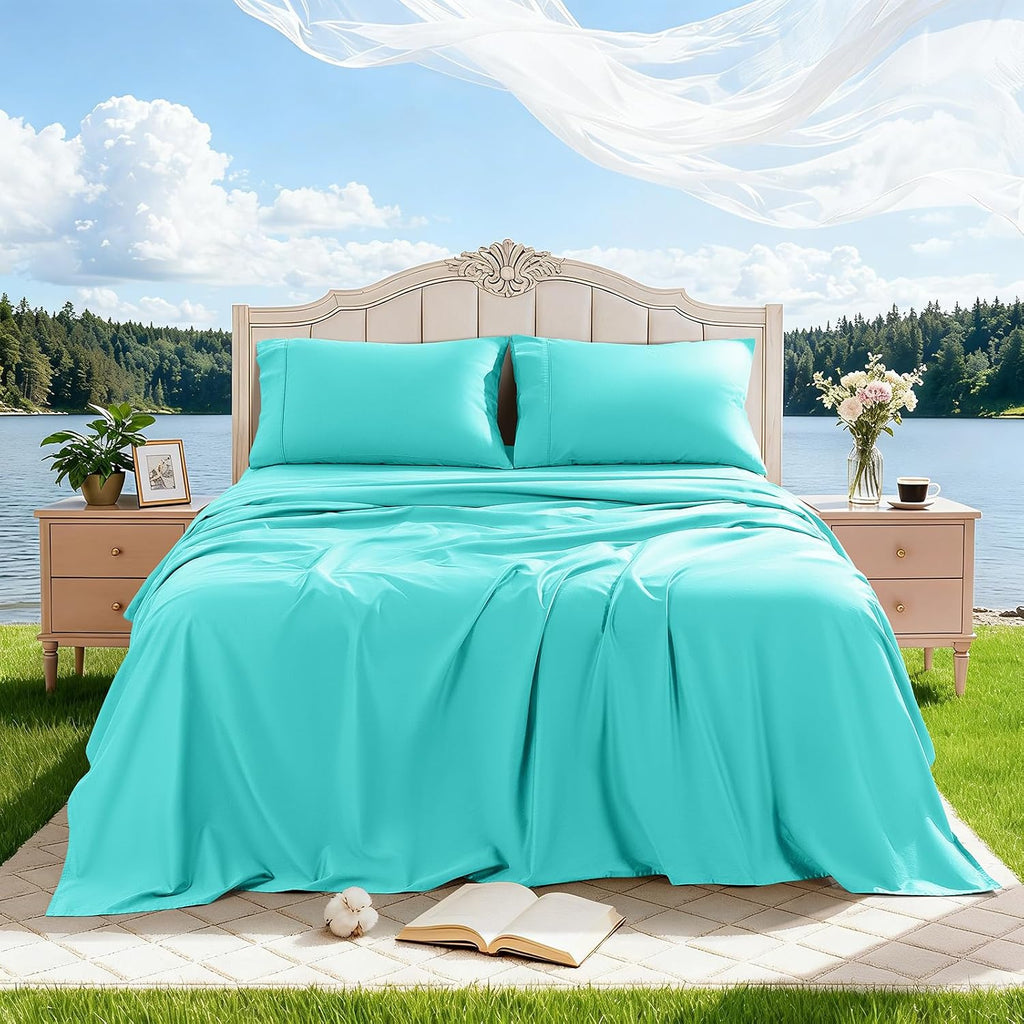100% Egyptian Cotton Sheet Set 4 Pcs Clifornia King Size Sheets 1000 Thread Count Breathable Soft Bedding Set Fitted Sheet with 16' Deep Pocket (California King, Lake Green)