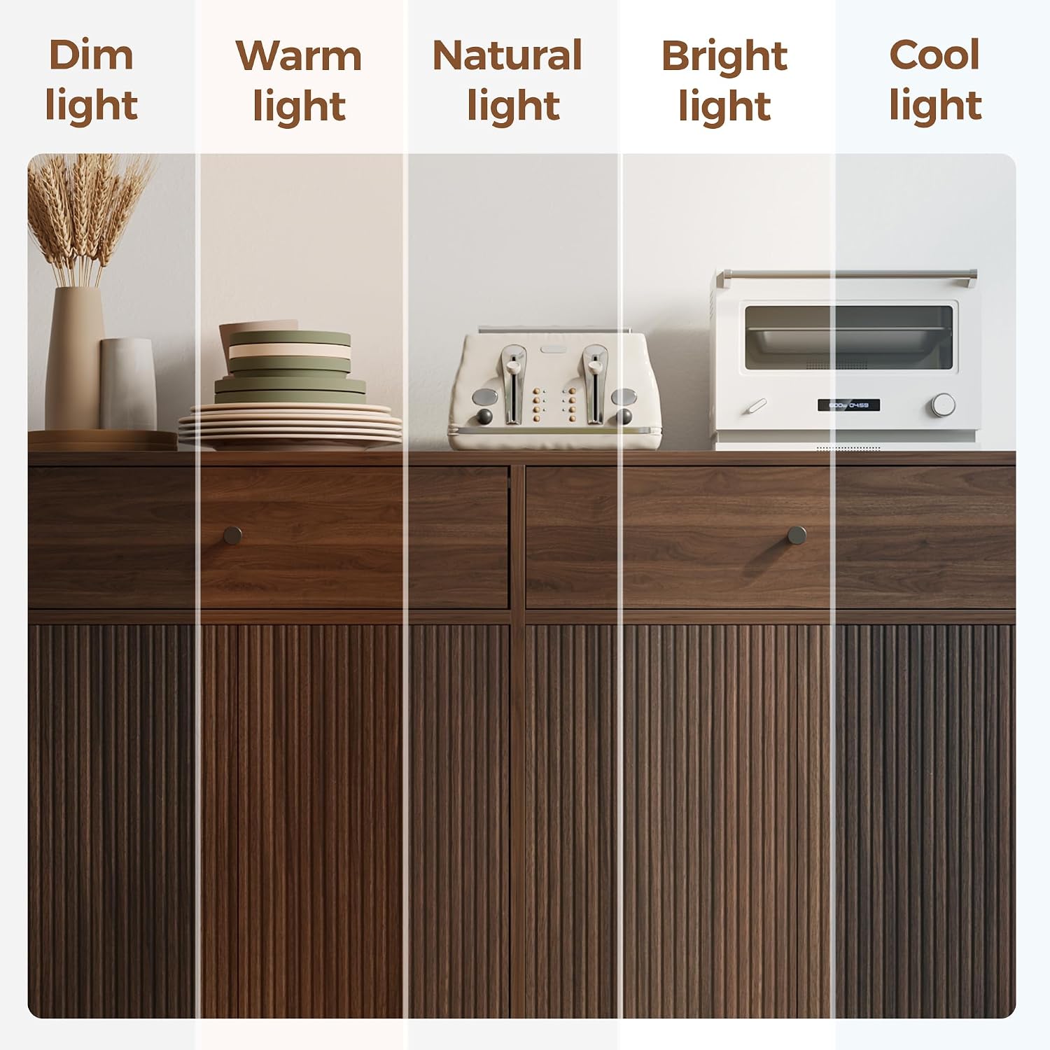 Mericonia Farmhouse Buffet Sideboard Cabinet with Storage, Fluted Coffee Bar with Doors and Adjustable Shelves, Modern Wood Console Cabinet with Drawers (4 Door, Walnut 2 Drawer)