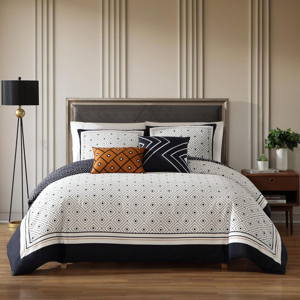 Bebejan Luxury Queen Comforter Set Black & White Geometric - 5 Piece Reversible Bedding Set, 100% Cotton Sateen, Soft Breathable All Season Bed Comforter (1 Comforter, 2 Shams & 2 Pillows)