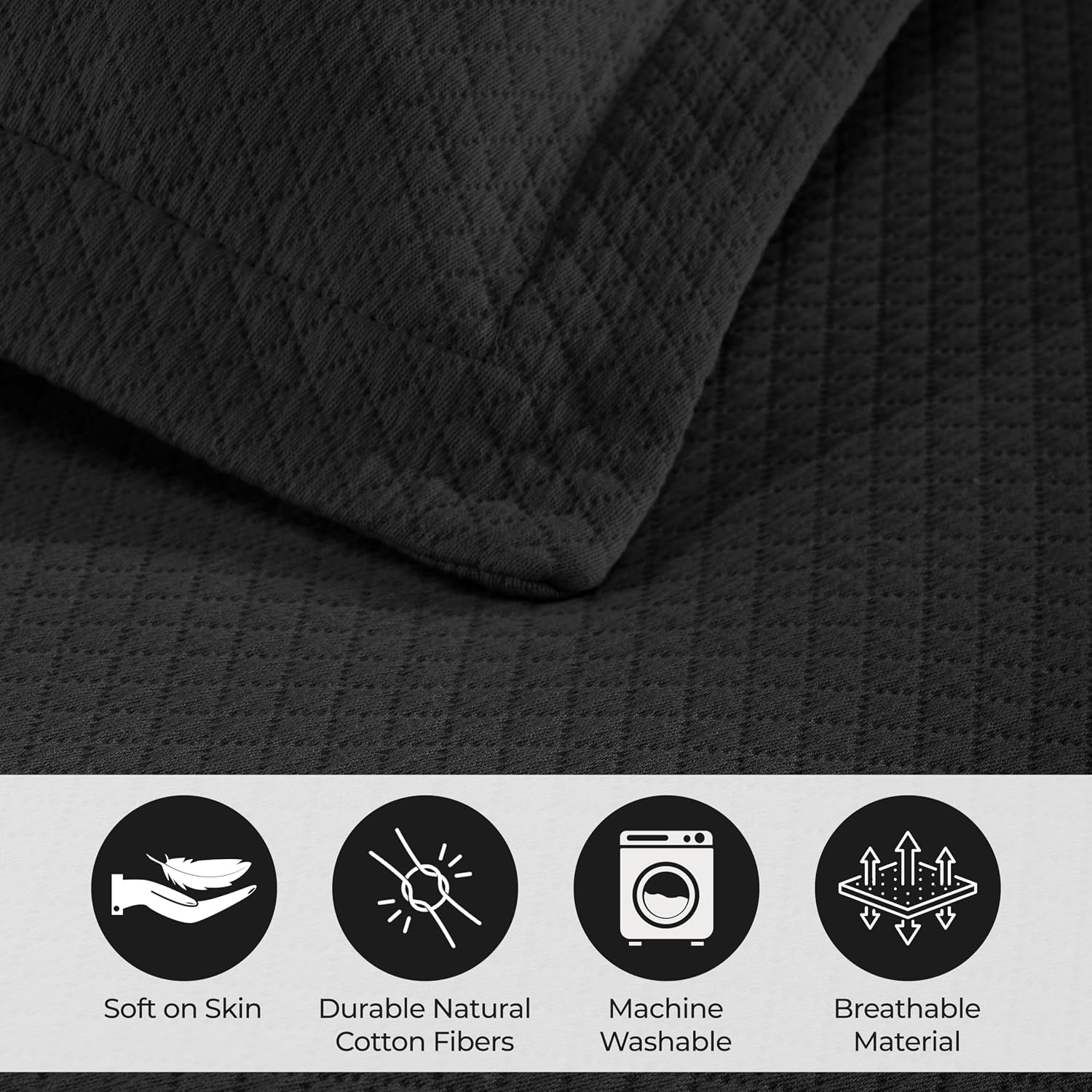 Superior Solitaire Cotton 3 Piece Bedspread Set, Home Bed Decor, Decorative Textured Bed Spread, 2 Pillow Shams, Airy Blanket, Matelasse Coverlet Bedding, All-Season Accent Blanket, Queen, Black