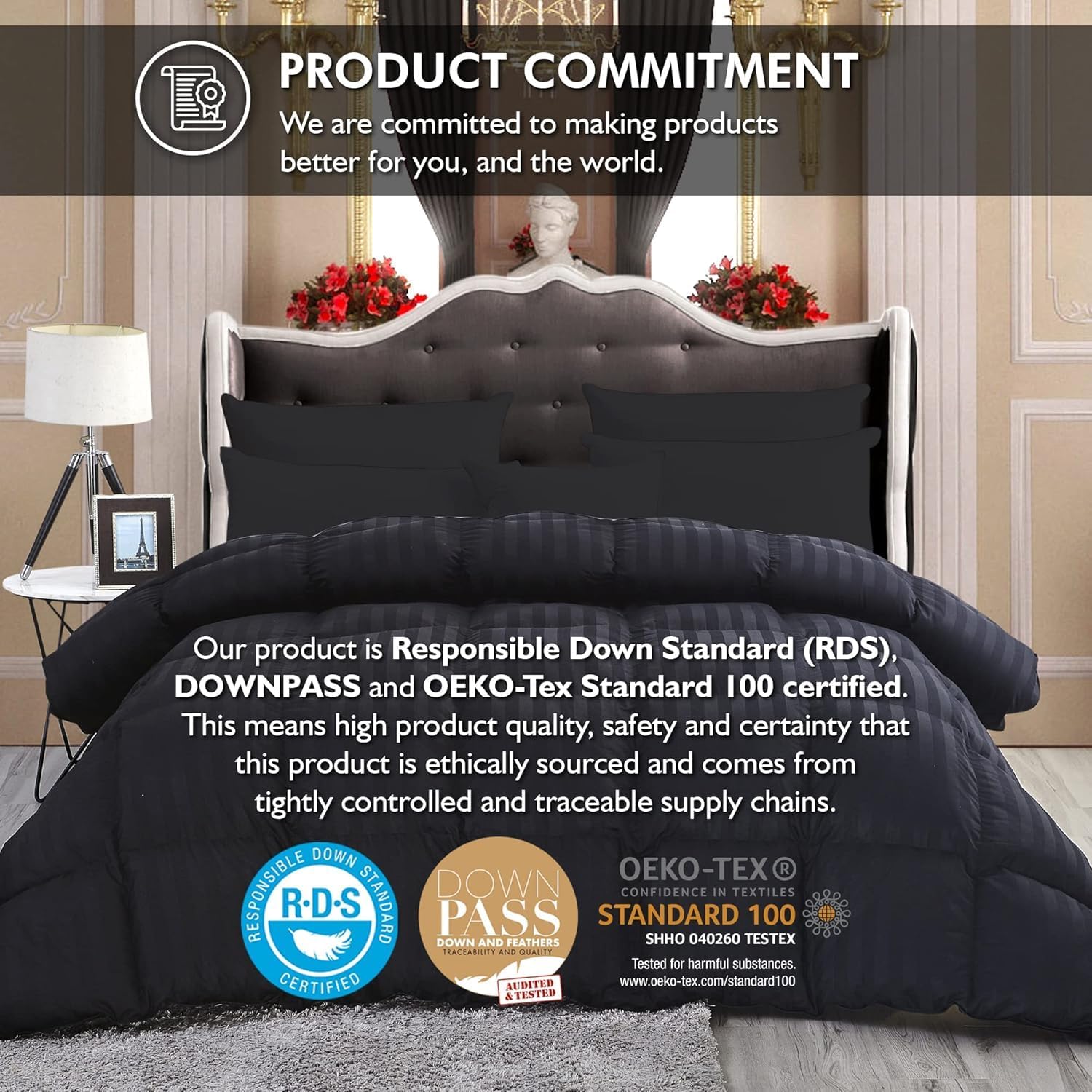 Luxurious Queen Size Goose Down Feather Fiber Comforter Duvet Insert, 100% Egyptian Cotton Cover, 60 oz. Fill Weight Comforter (Queen, Black Stripe)