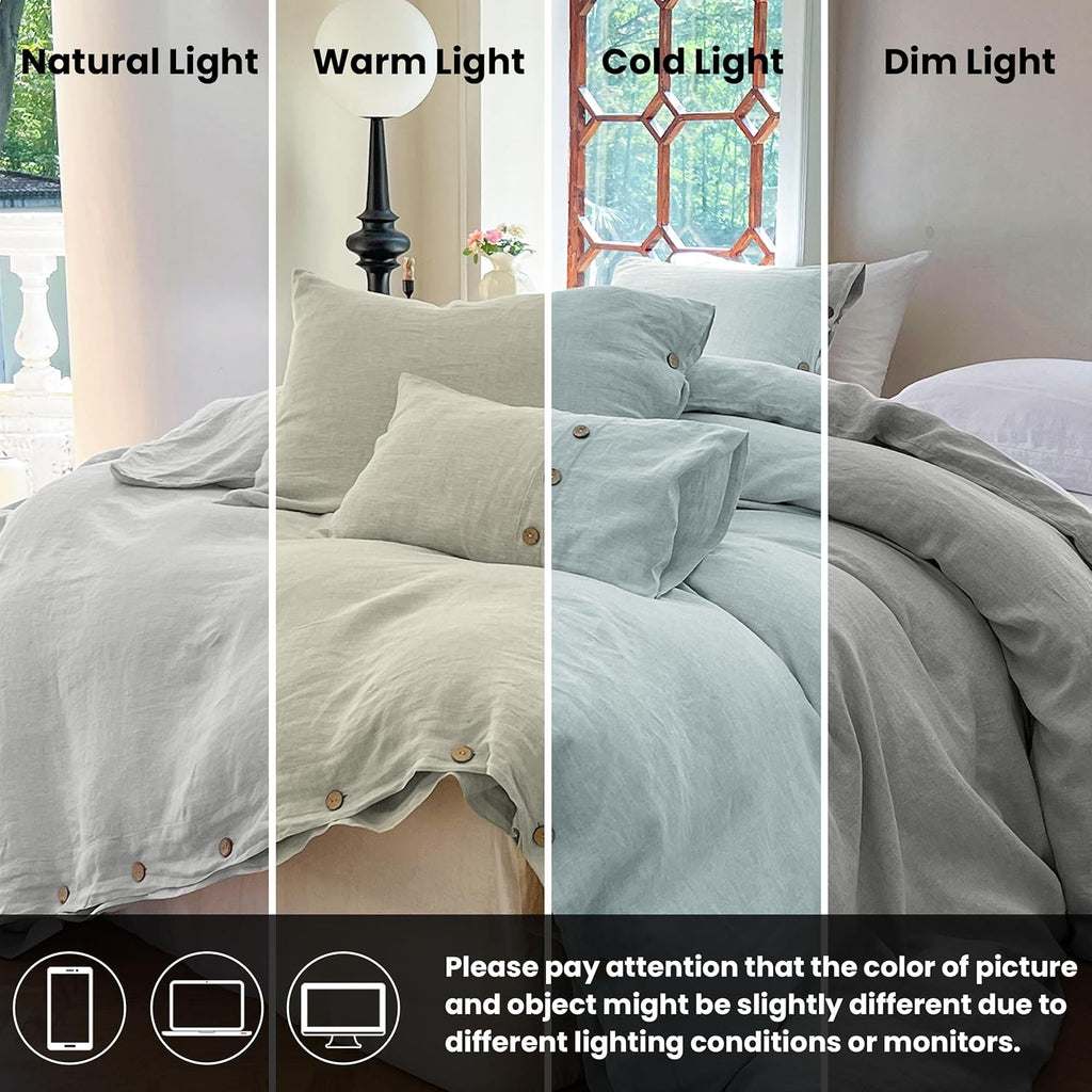 Simple&Opulence 100% Linen Duvet Cover Set 3pcs with Coconut Button Closure Natural French Washed Flax Solid Color Soft Breathable Farmhouse Bedding - Light Grey, Queen Size