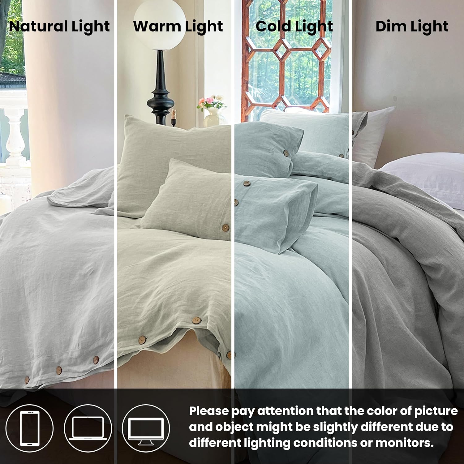 Simple&Opulence 100% Linen Duvet Cover Set 3pcs with Coconut Button Closure Natural French Washed Flax Solid Color Soft Breathable Farmhouse Bedding - Light Grey, Queen Size