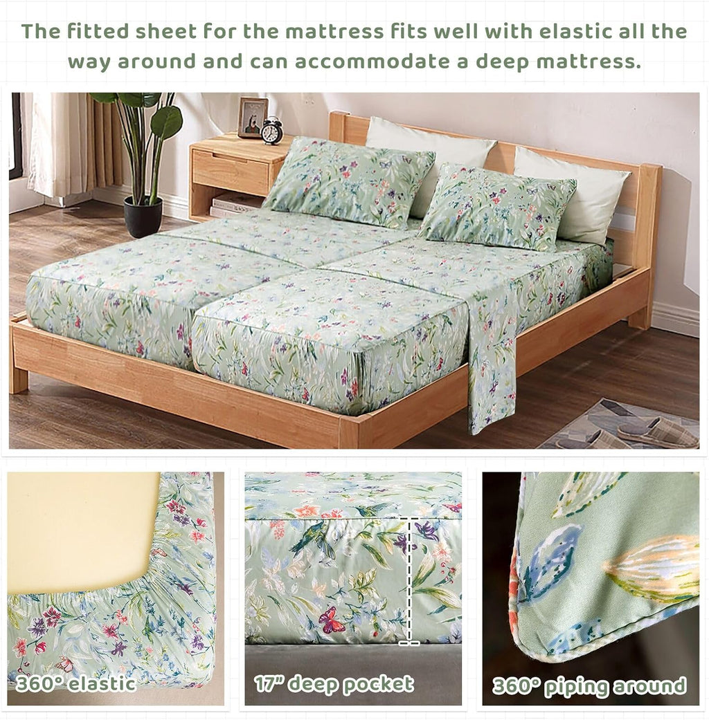 QSH 100% Cotton Sheets for Split King Size Bed, Pattern Botanical Luxury Cotton Printed Floral Bedding Sheets Soft and Breathable 5pcs Deep Pocket Queen Sheet Set