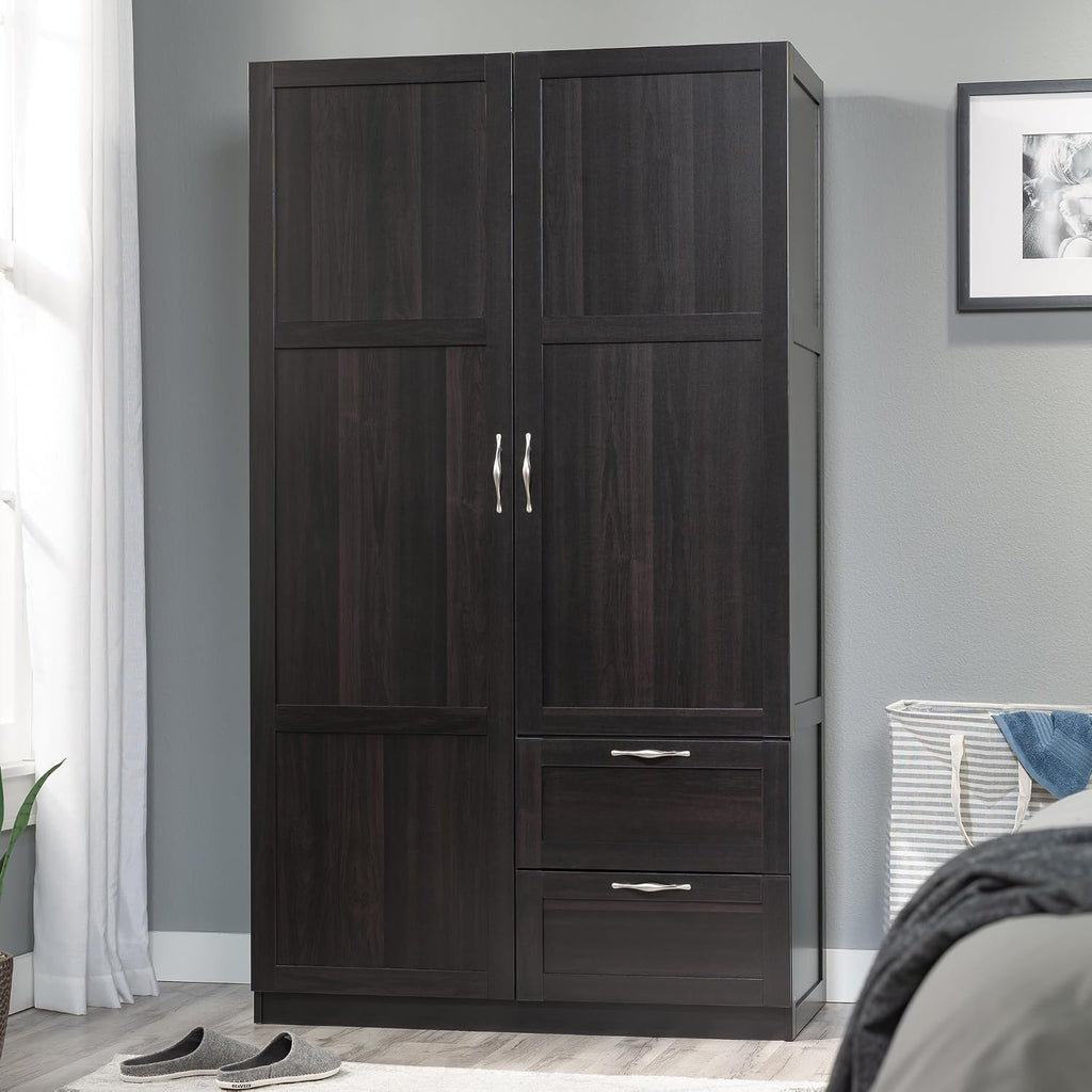 Sauder Select Multipurpose Bedroom Armoire Wardrobe Closet Pantry Storage Cabinet with Storage Drawers and Hanging Rail, in Cinnamon Cherry