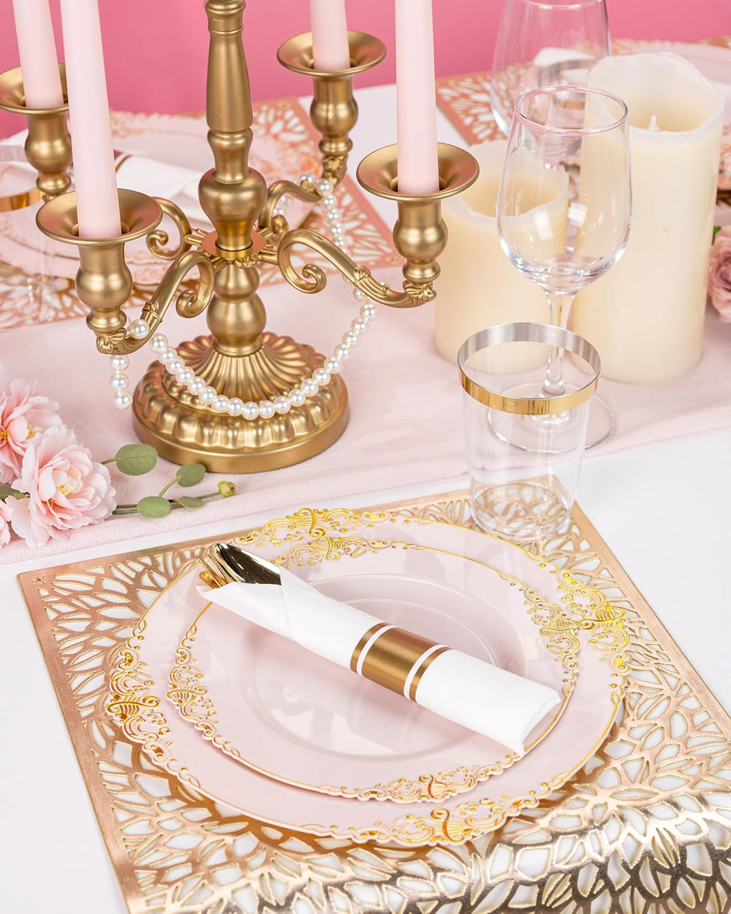 Nervure 700PCS Pink Gold Plastic Plates - Pink Plastic Dinnerware Sets for 100 Guests - 200 Disposable Plates, 300 Silverware, 100 Cups, 100 Napkins for Wedding, Party