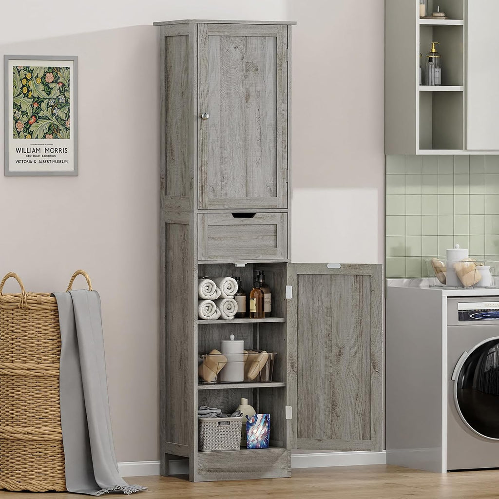 Iwell 67' Tall Bathroom Cabinet with Adjustable Shelves & 1 Drawer, Storage Cabinet with 2 Doors, Narrow Tall Cabinet, Floor Cabinet for Bathroom, Living Room, Home Office, Grey
