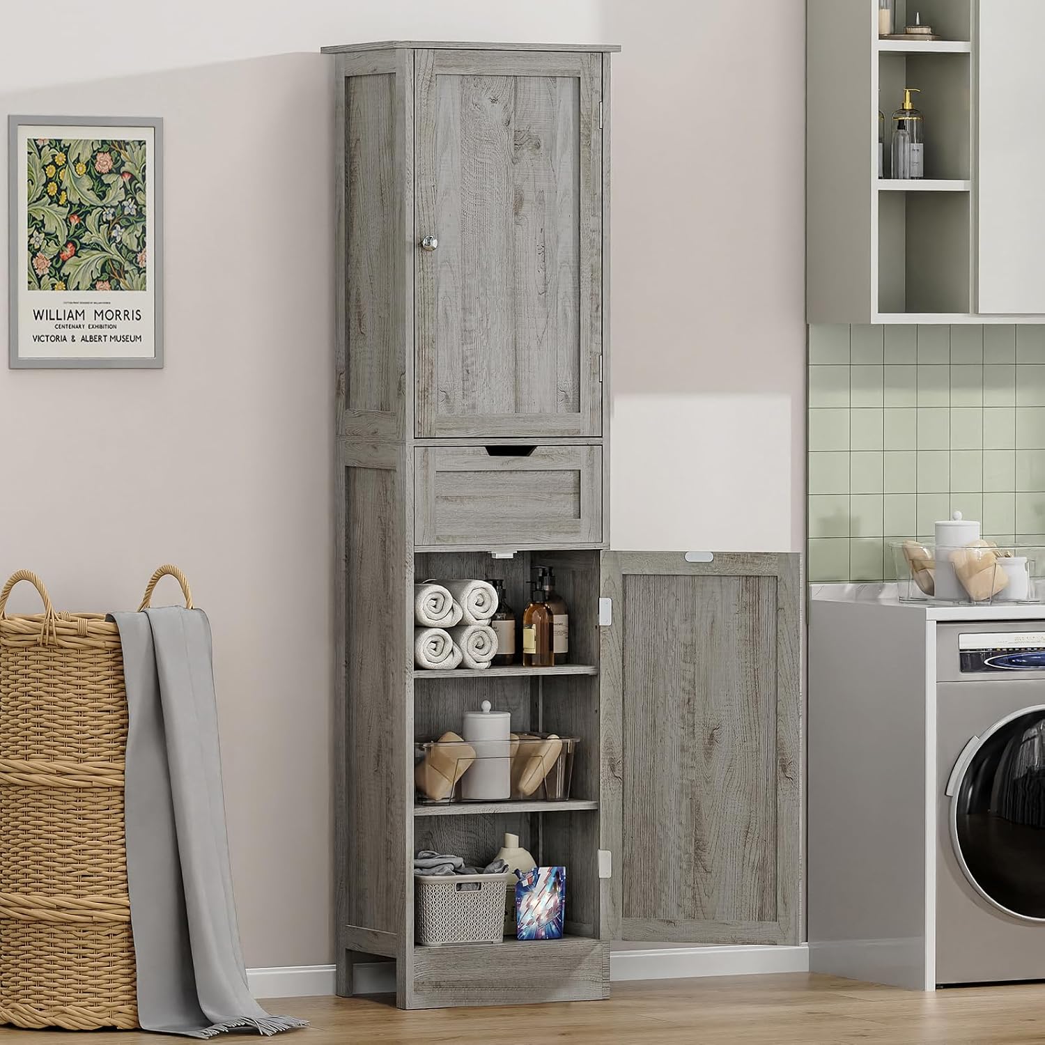 Iwell 67' Tall Bathroom Cabinet with Adjustable Shelves & 1 Drawer, Storage Cabinet with 2 Doors, Narrow Tall Cabinet, Floor Cabinet for Bathroom, Living Room, Home Office, Grey