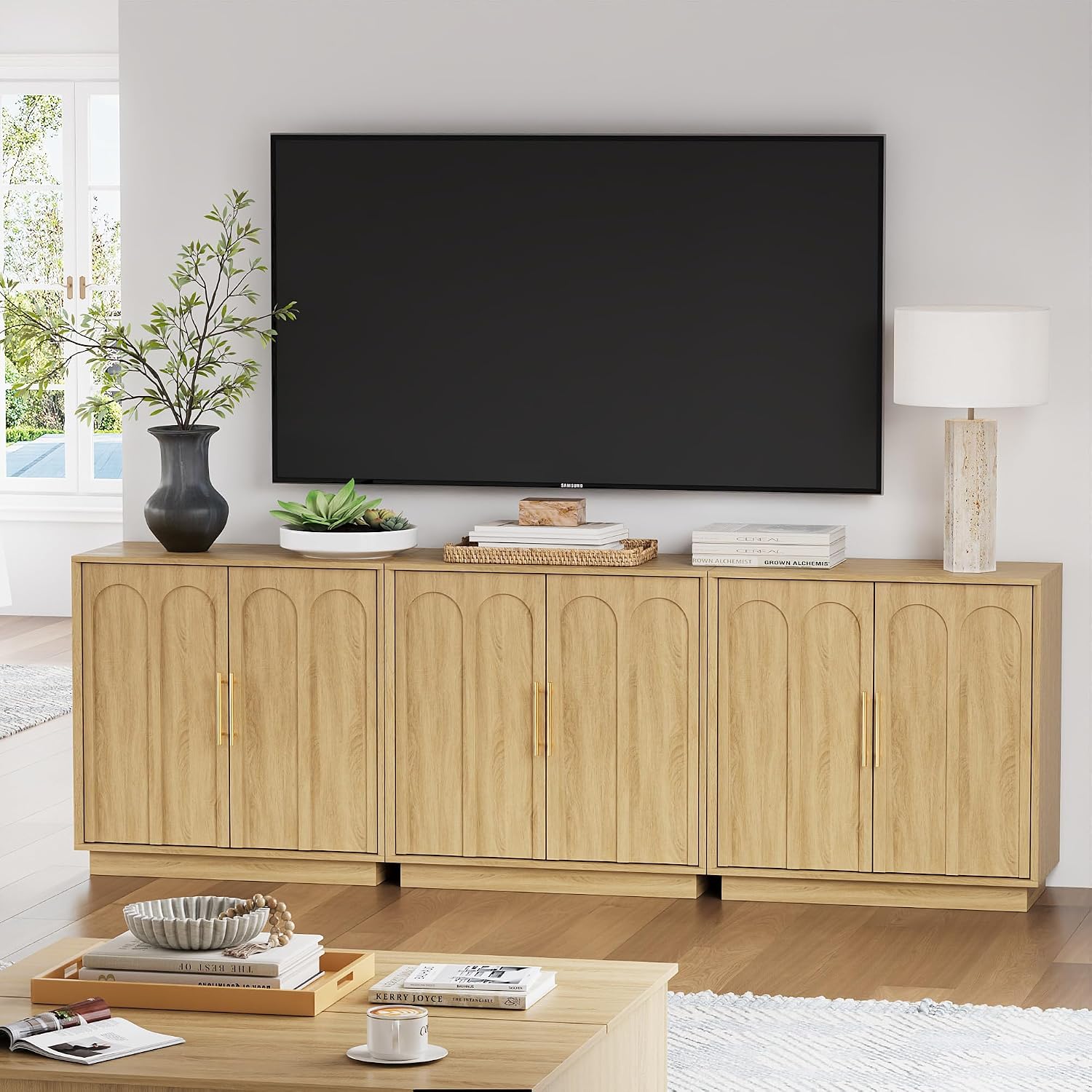 FORTUNETEC Sideboard Buffet Cabinet with Storage Set of 3, Mid Century Modern Accent Cabinet with Arched Doors, Modular Media Console, Credenza for Living Room Kitchen Dining Room Entryway, Oak