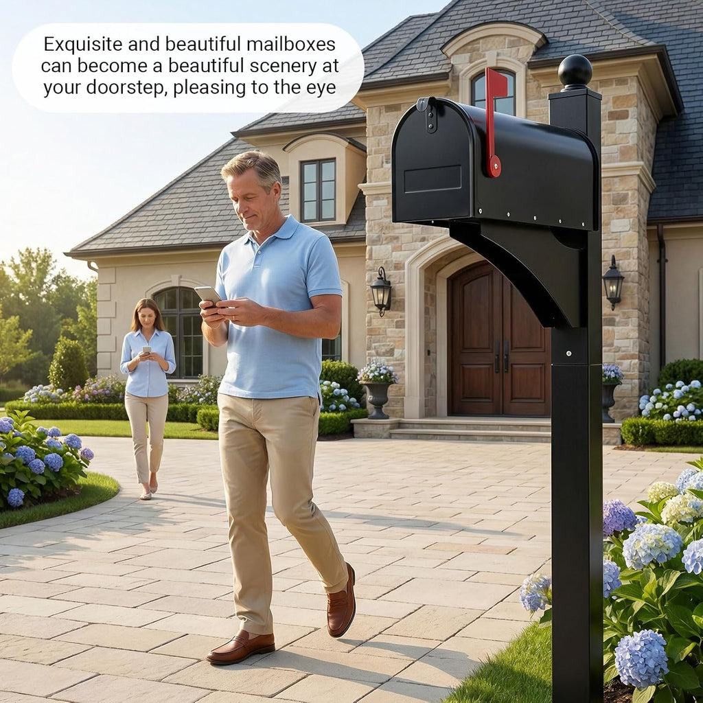 Colingmill Black 1 Set Iron Mailbox Posts with Mailbox for Outside Ground Mounting Post 56 Inch Tall Heavy Duty Architectural Stand with 8 Screws for Outdoor Use