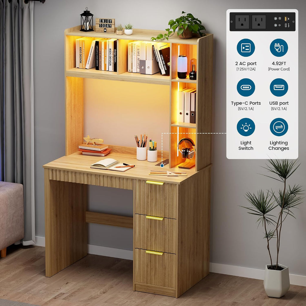 WOOVIVS Home Office Desk with Hutch & LED Lights - 39' Computer Desk with Charging Station, 3 Large Drawers, Hidden Compartment & Fluted Panel Design,Natural Writing Desk for Bedroom, Study