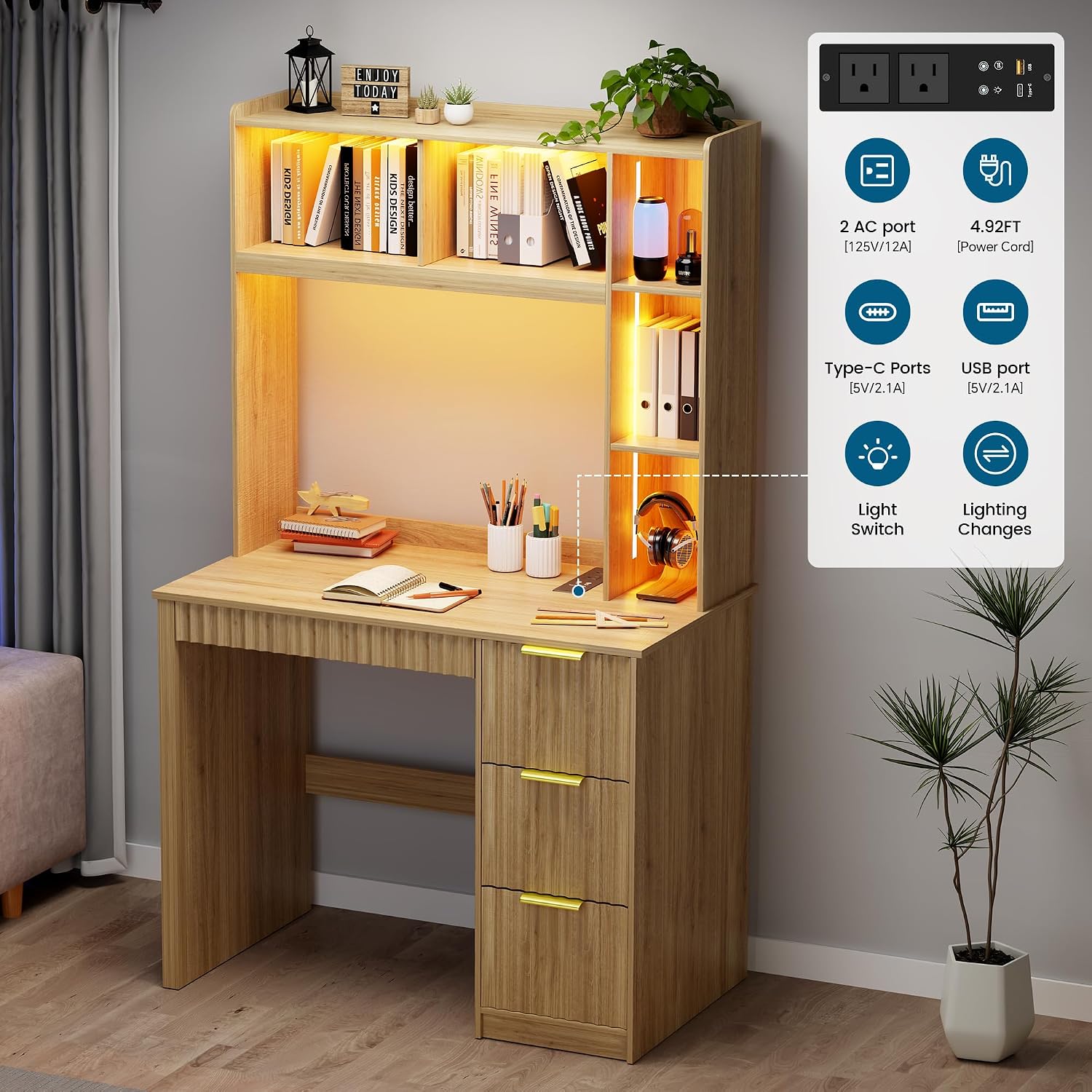 WOOVIVS Home Office Desk with Hutch & LED Lights - 39' Computer Desk with Charging Station, 3 Large Drawers, Hidden Compartment & Fluted Panel Design,Natural Writing Desk for Bedroom, Study
