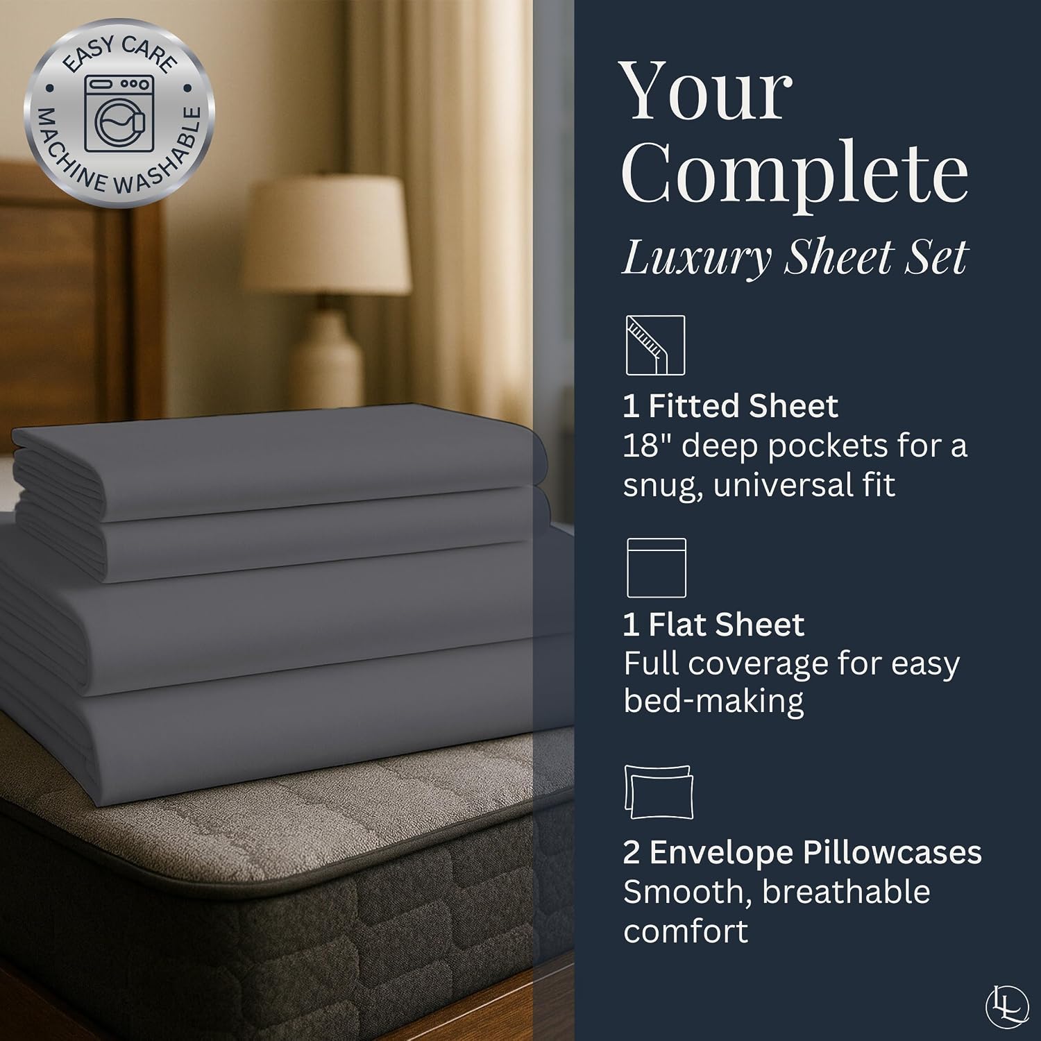 Linden & Lain Luxury Queen Size Bed Sheet Set | Organic Ultra Soft Bed Sheets | Viscose Derived from Bamboo | Microfiber | 18' Deep Pocket with Upgraded Elastic | Best Cooling Technology | Charcoal