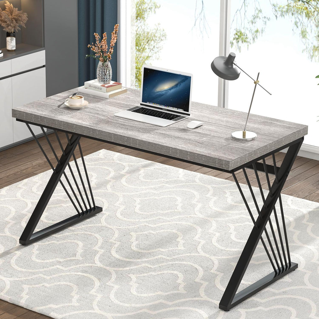 FOLUBAN Modern Desks, Rustic Wood and Metal Computer Desk for Home Office, Simple Study Writing Work PC Table for Bedroom Living Room, Light Grey, 47 Inch
