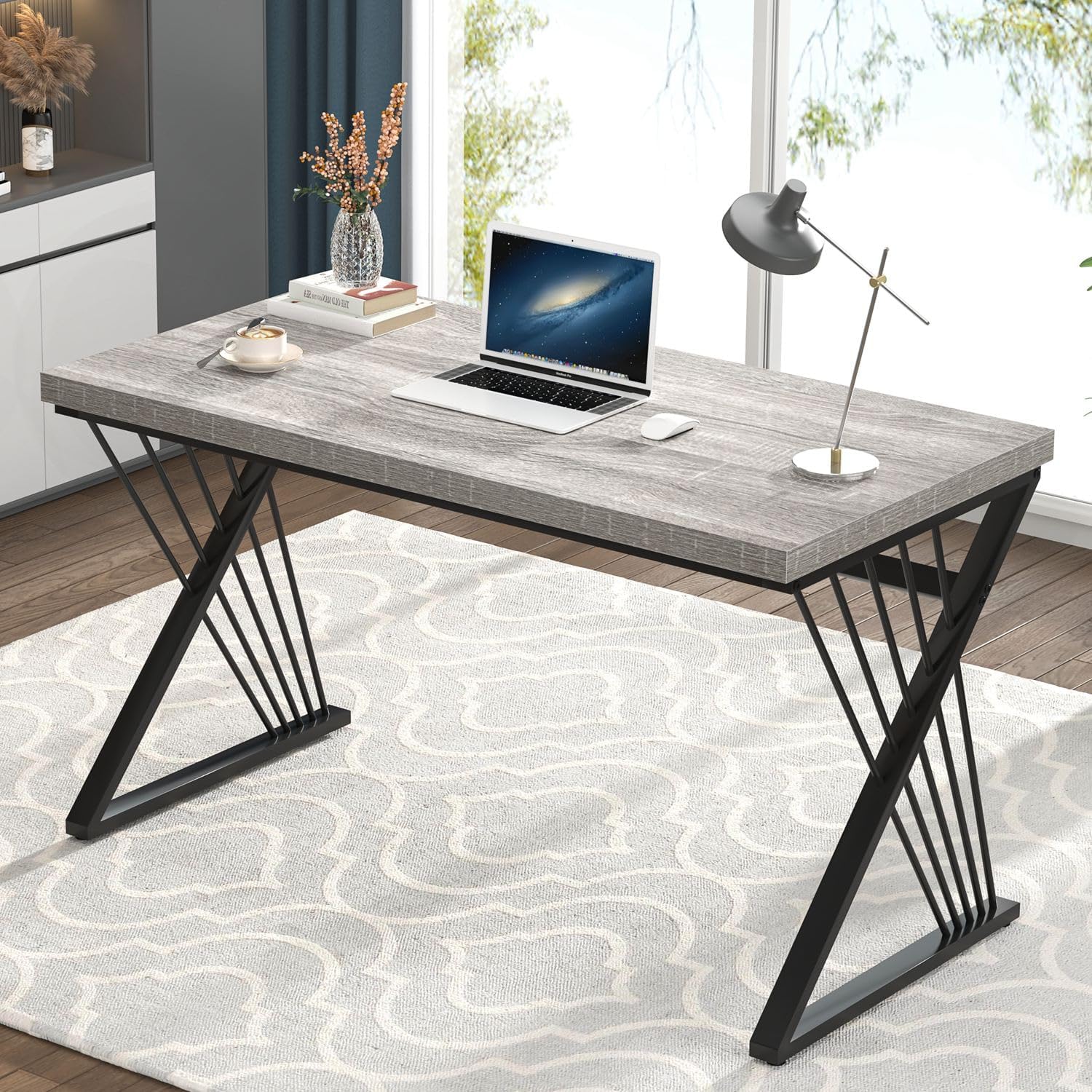 FOLUBAN Modern Desks, Rustic Wood and Metal Computer Desk for Home Office, Simple Study Writing Work PC Table for Bedroom Living Room, Light Grey, 47 Inch