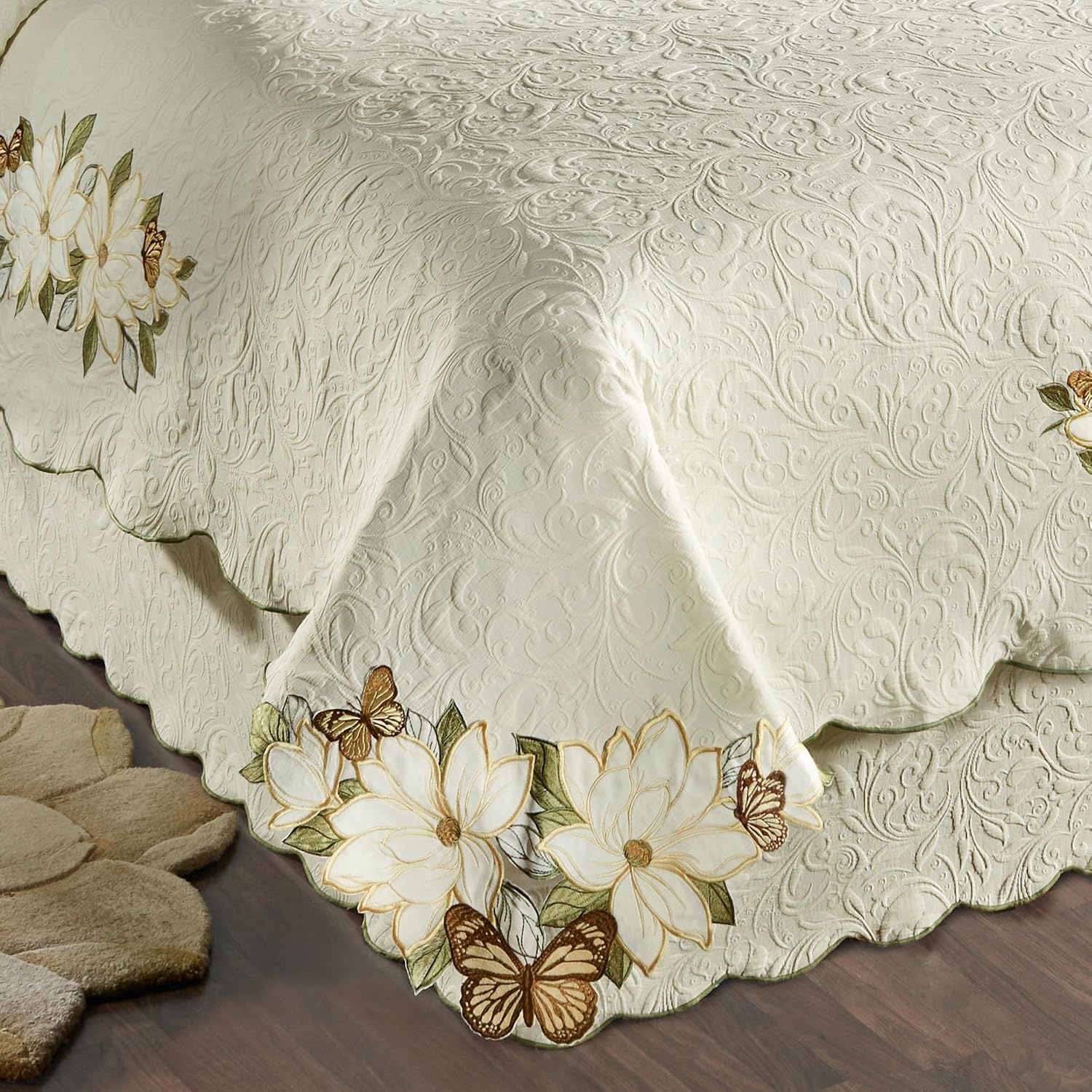 Sweetbay Garden Luxury Matelasse Bedding | Magnolia, Butterfly, & Leaf Velvet Appliques | 4-Pc Ivory Textured Scroll Lightweight Bed Set: Cal King Coverlet, Bedskirt, 2 King Shams, & 2 Accent Pillows